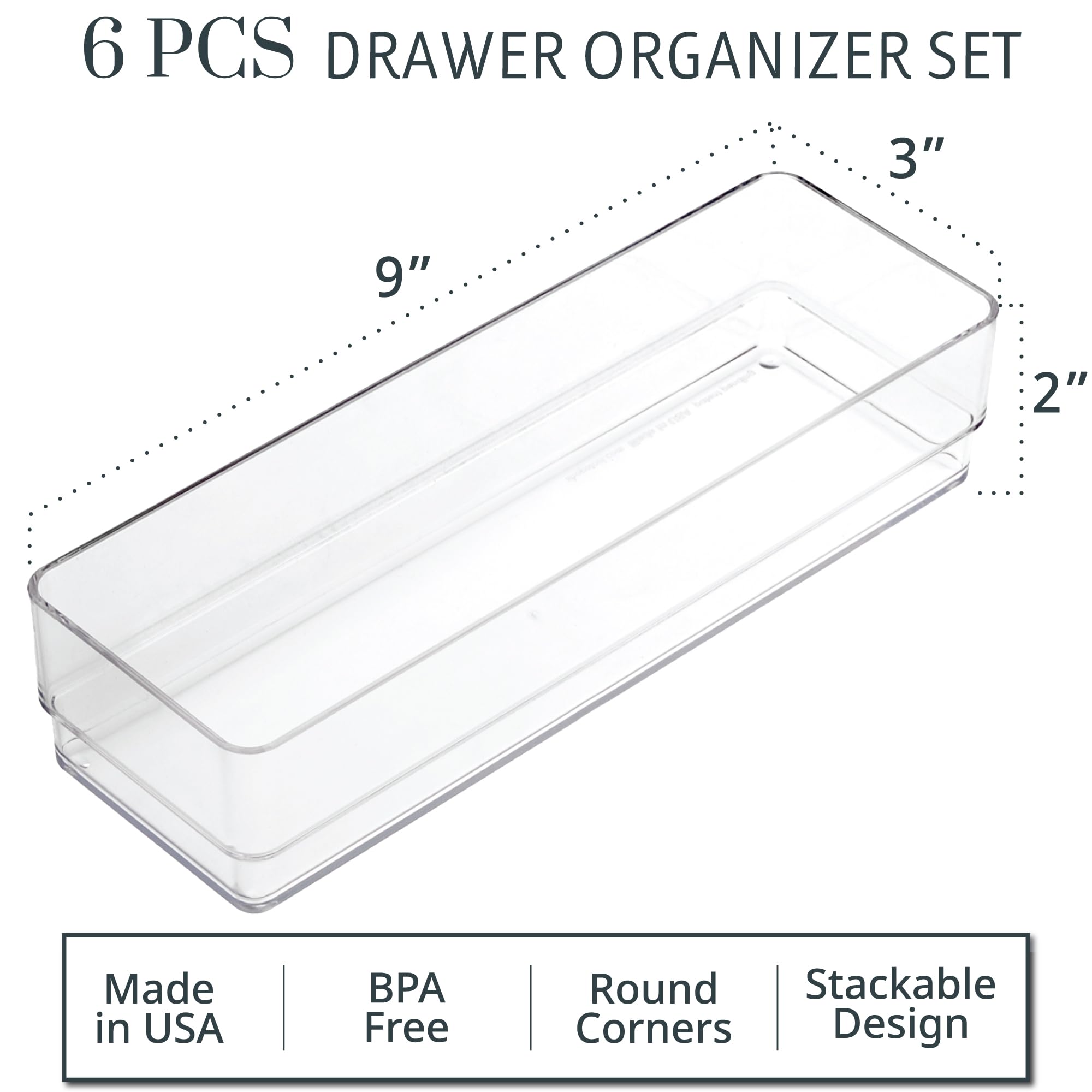 STORi SimpleSort 6-Piece Stackable Clear Drawer Organizer Set | 9 '' x 3 '' x 2 '' Rectangle Trays | Narrow Makeup Vanity Storag