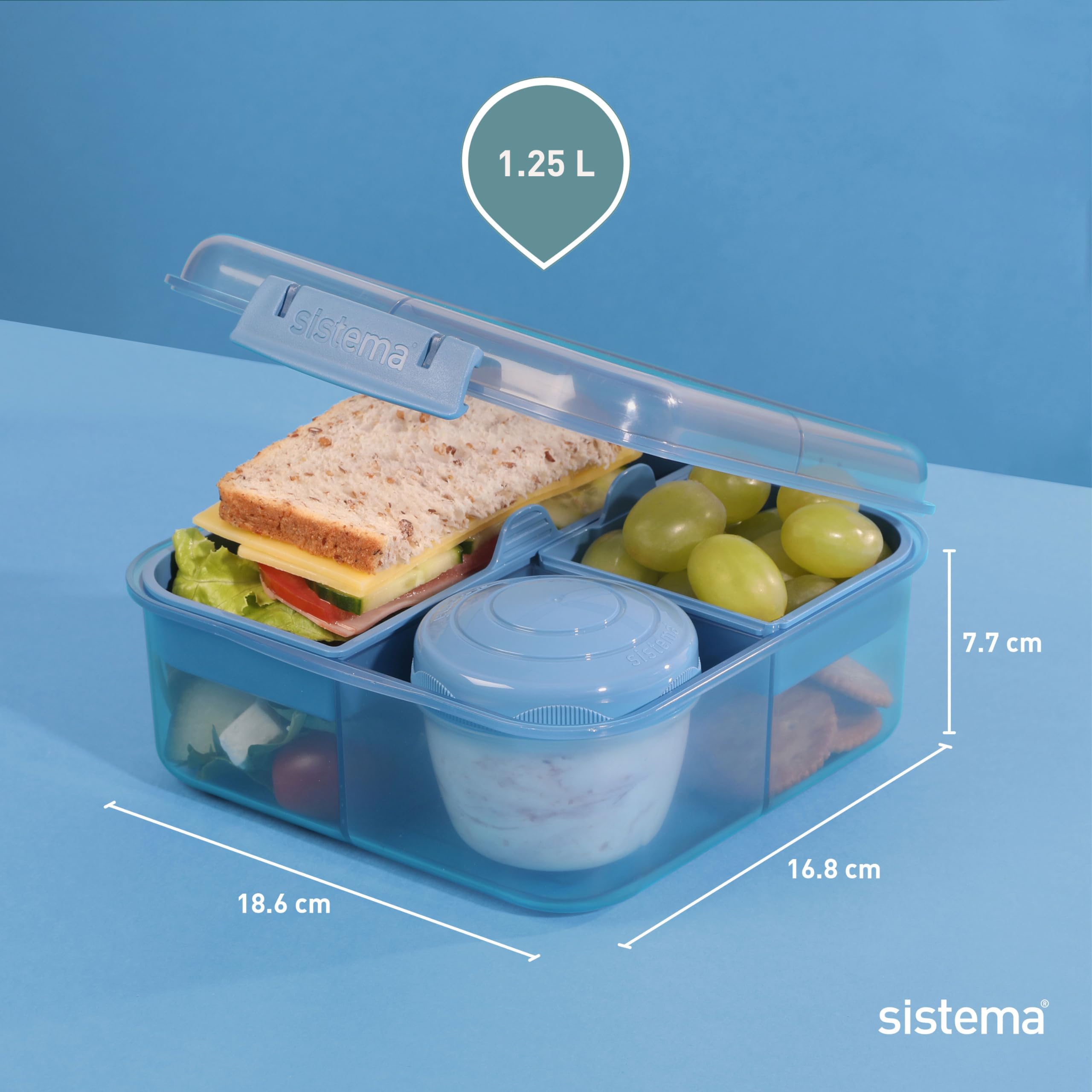 Sistema Ocean Bound Plastic Bento Box Cube | 1.25L Square Lunch Box With Yoghurt/Fruit Pot | Bpa-Free Made Using Recycled Plasti