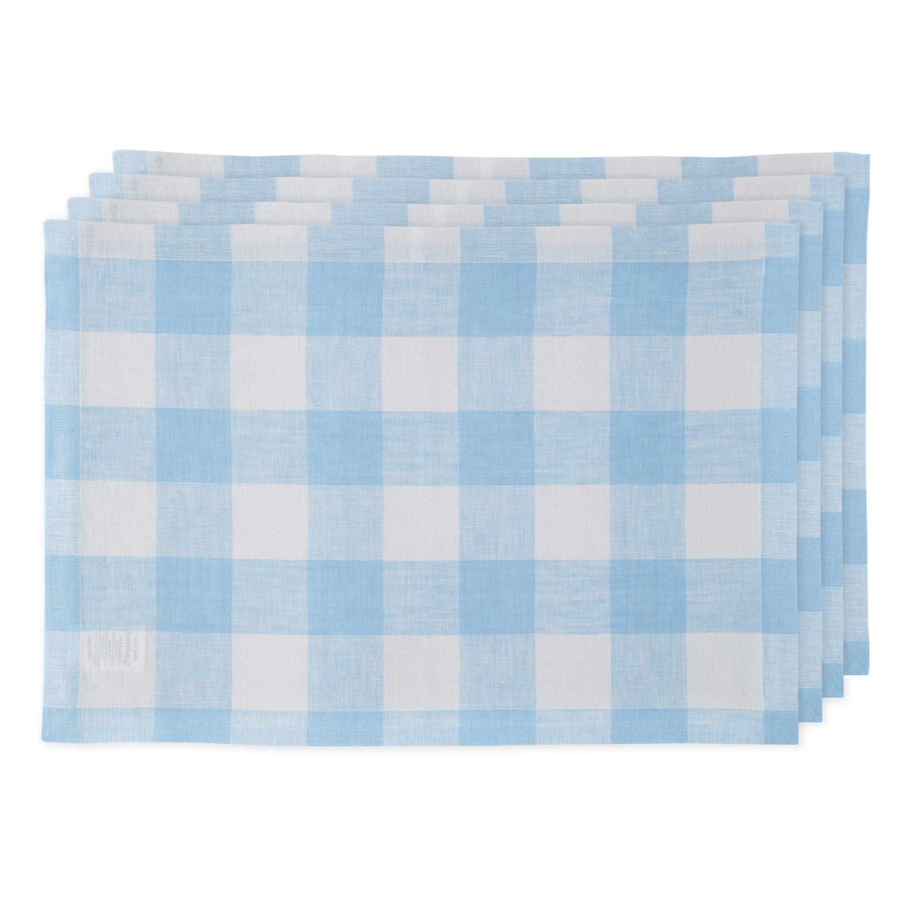 Solino Home Buffalo Check Linen Placemats 19'' L X 14'' W Inch - 100% Pure Linen Blue Bell Plaid Cloth Placemats Set Of 4 - Wash