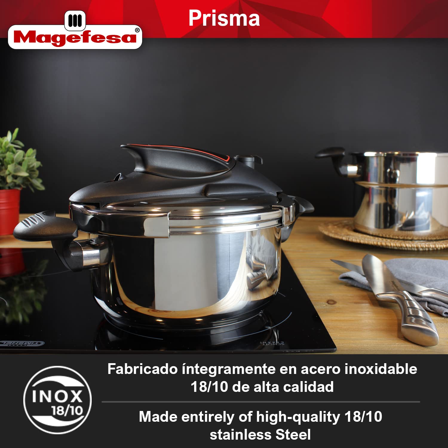MAGEFESA  Prisma 4.2 + 6.3 Quart Stove-top Super Fast Pressure Cooker, Easy Smooth Locking Mechanism, Polished 18/10 Stainles St