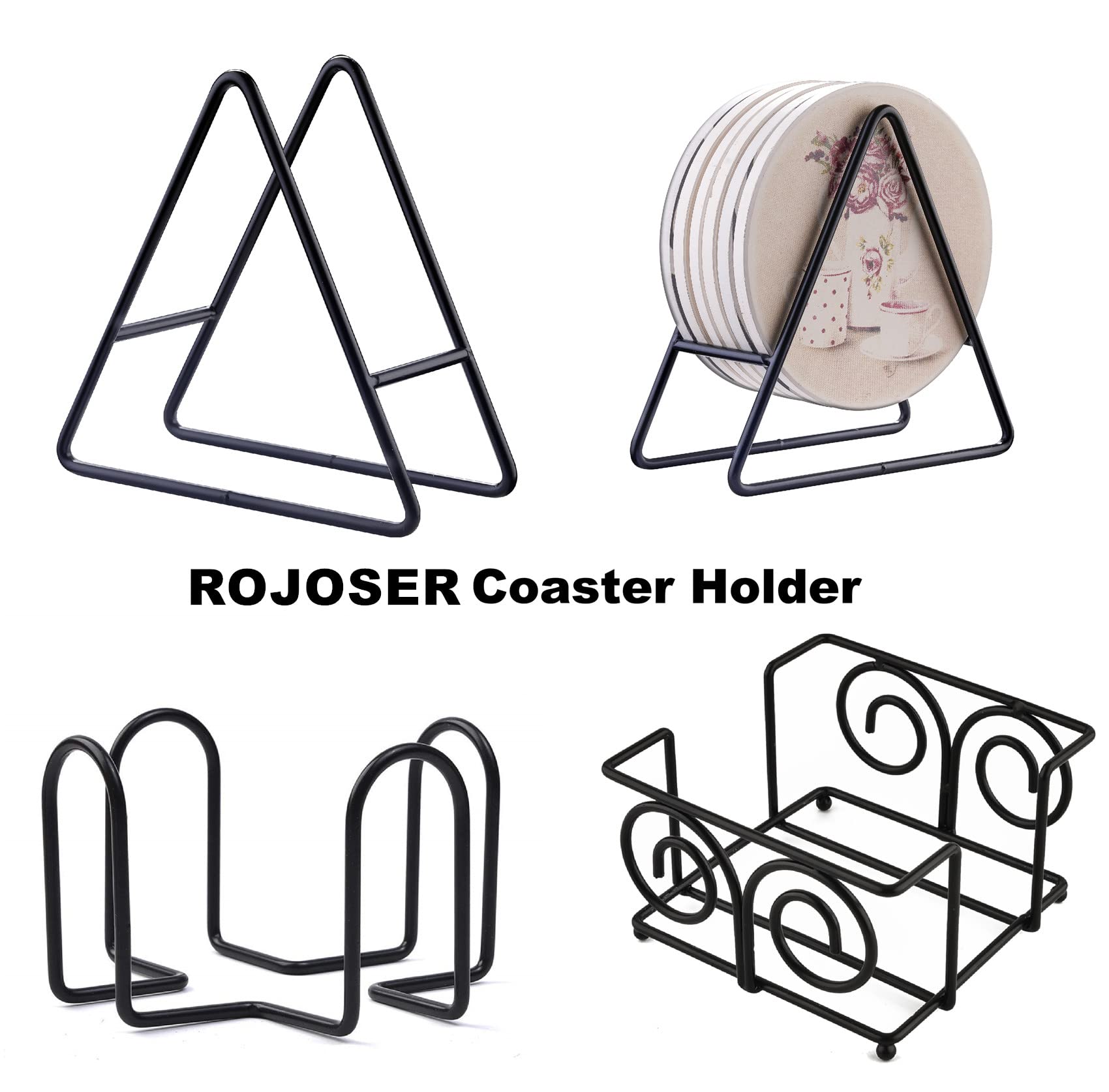 Rojoser 2Pc Triangle Coaster Holder Black Iron Metal Holder Storage Caddy For Both Round And Square Coasters Fit 4 To 9 Pieces C