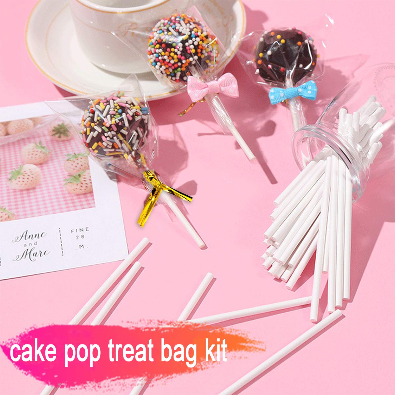 300Pcs Lollipop Cake Pop Treat Bag Set Including 100Pcs Parcel Bags, 100Pcs Papery Treat Sticks, 100Pcs Gold Metallic Twist Ties