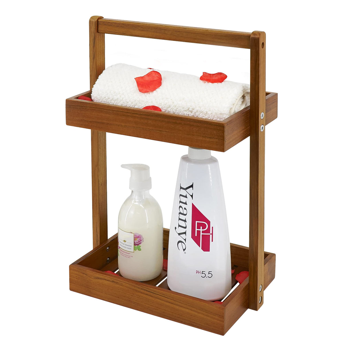 Utoplike Teak Wood Shower Caddy Corner, 2 Tier Bathroom Organizer Countertop, Standing Shower Rack With Handle, Stand Up Shower