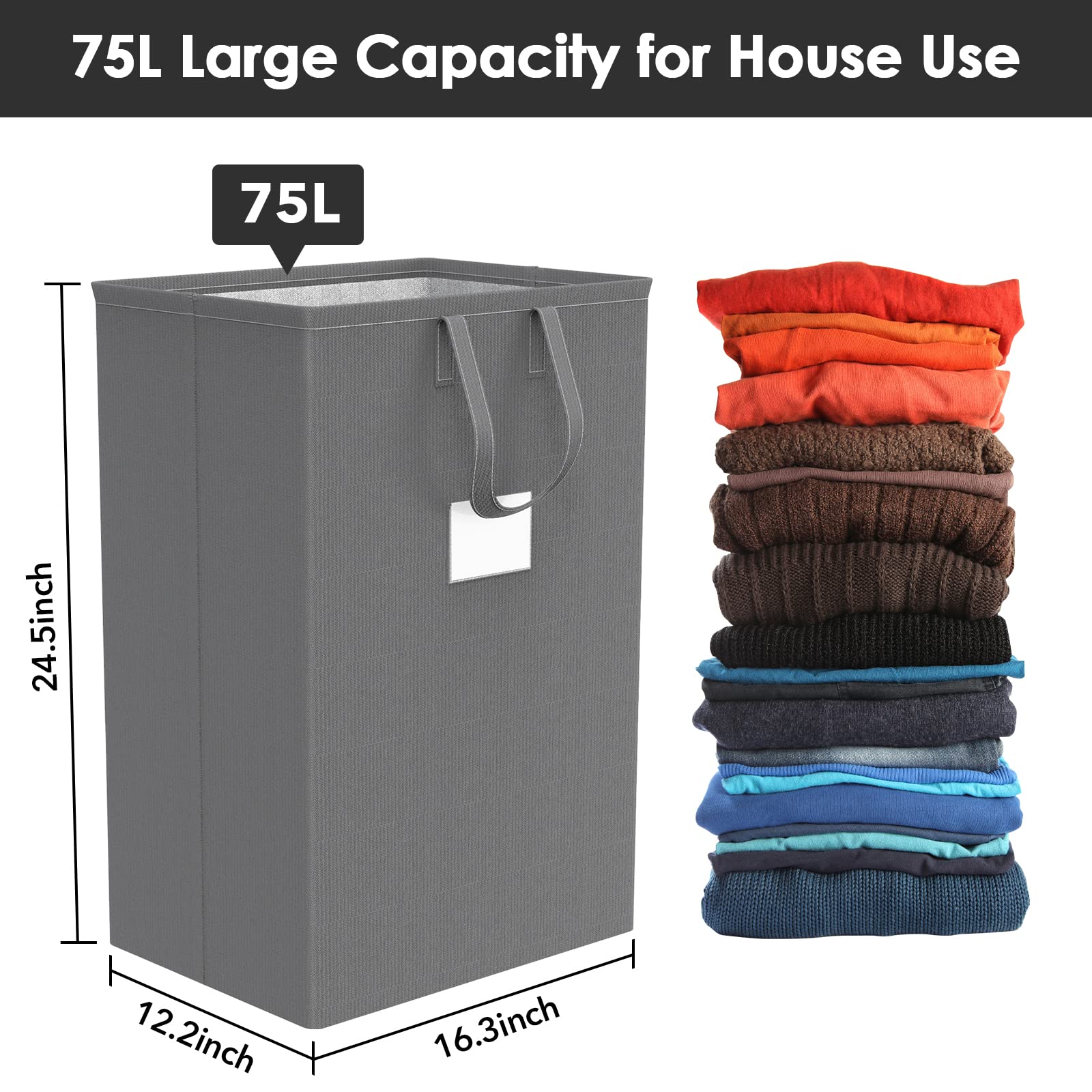 75L Large Laundry Hamper With Handles, Dirty Clothes Hamper For Bedroom Waterproof, Freestanding Tall Laundry Basket Waterproof,