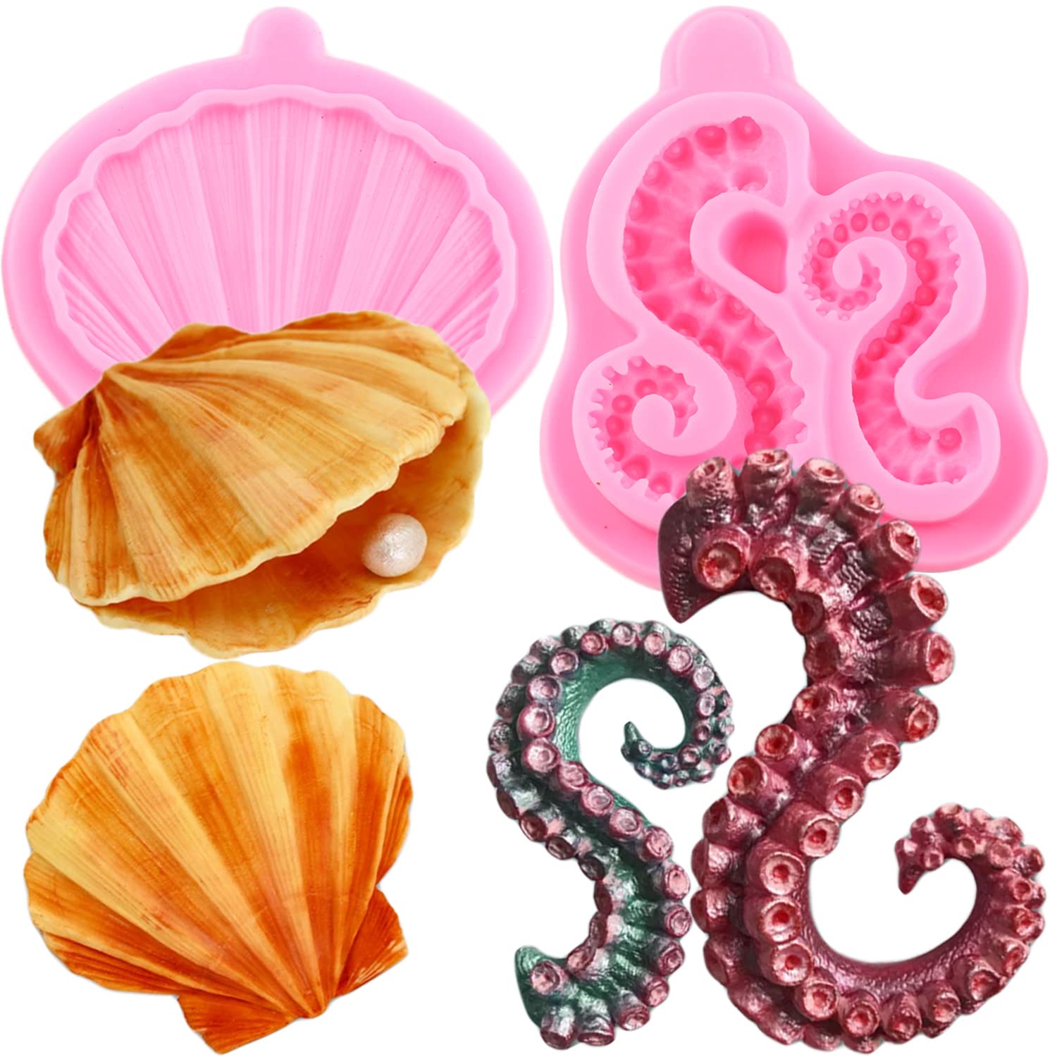 Mujiang 3D Tentacles Octopus Silicone Mold Clam Shell Fondant Molds For Cake Decorating Chocolate Candy Clay Set Of 2