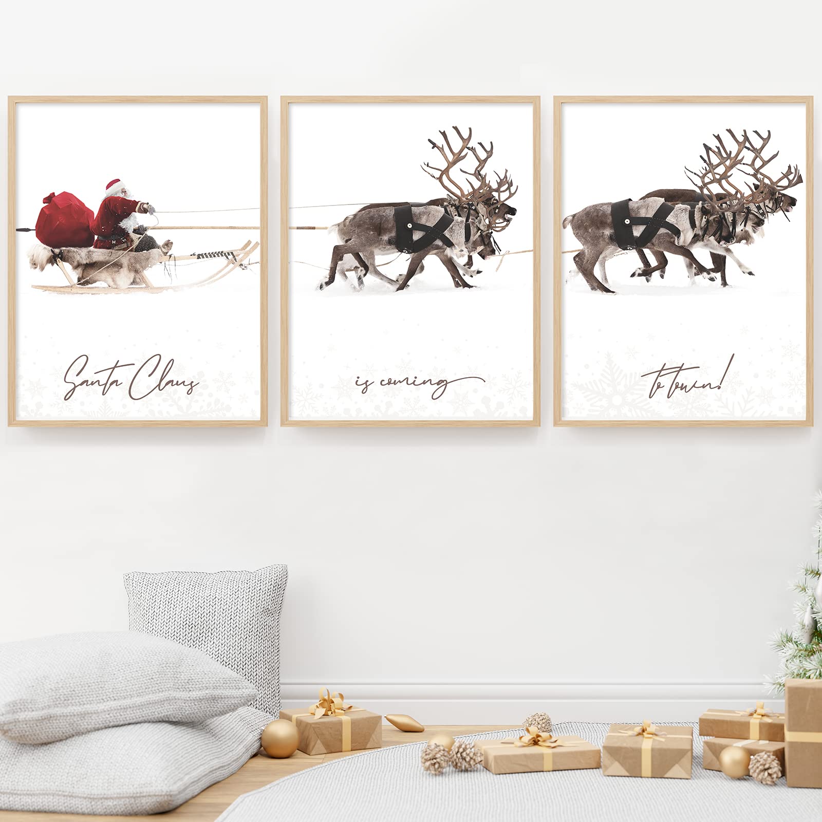 Anydesign 3Pcs Christmas Wall Art Prints 11X14In Santa Claus Reindeer With Sleigh Art Poster Decor Large Aesthetic Xmas Posters
