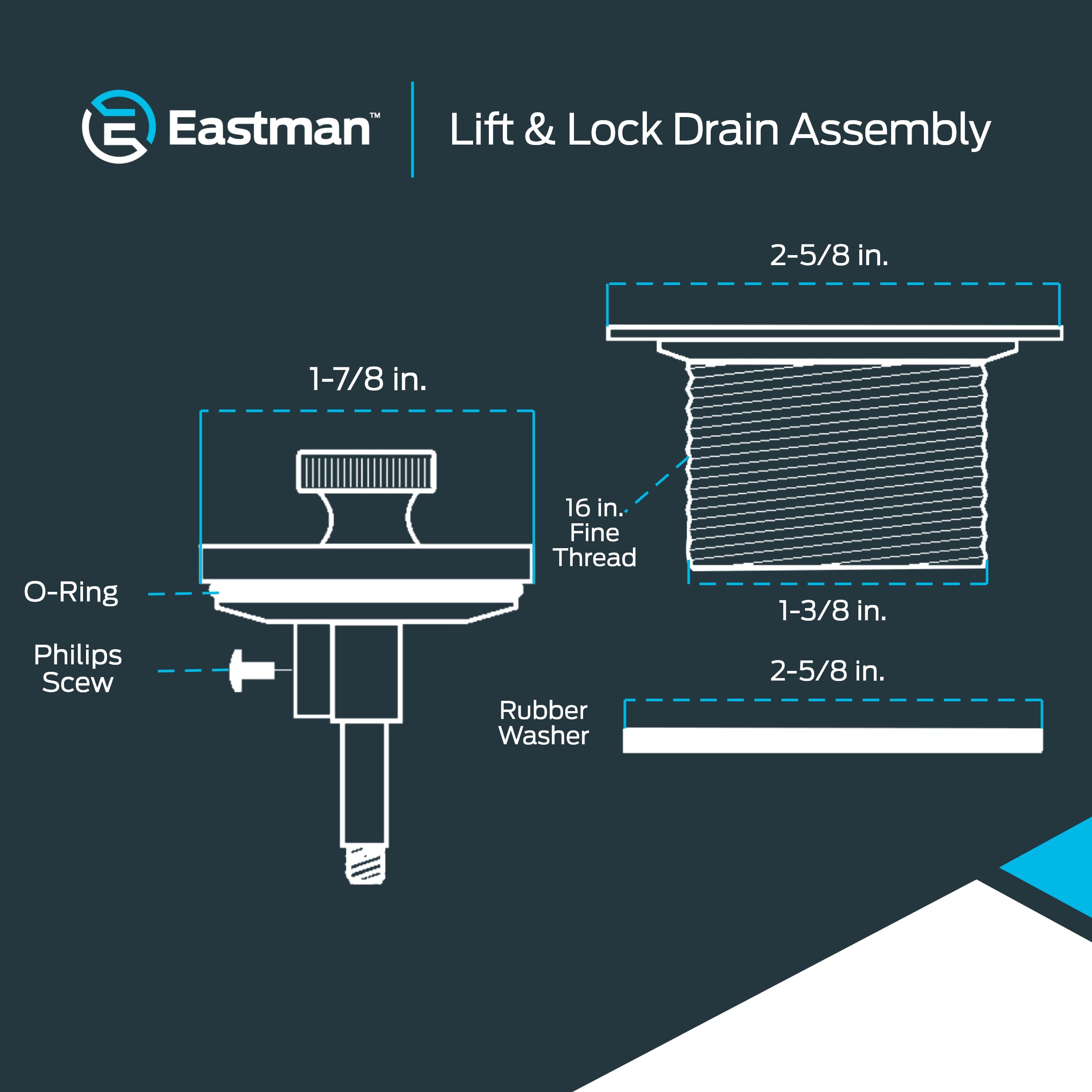 Eastman EZ-FLO Lift-n-Turn Bath Drain Assembly Kit, 1-3/8 in. x 16 in., Chrome Plated, Model 35231