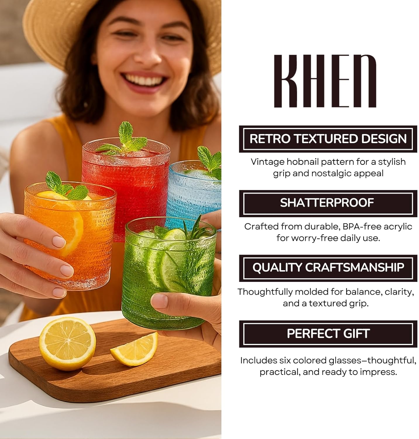Khen Hobnail Acrylic Lowball Glasses – Retro-Inspired Set of 6 10 oz