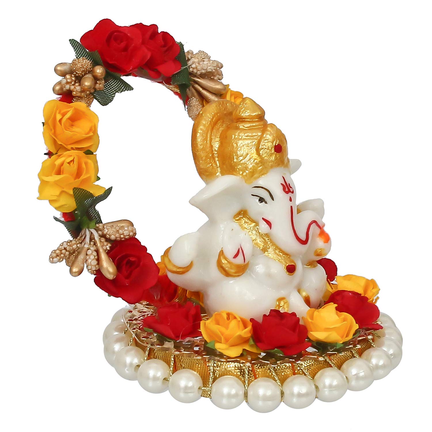 Ecraftindia Resin Lord Ganesha Idol On Decorative Rose Flower Plate- Ganesha Idol For Home Decor Car Dashboard- Ganesha Statue-
