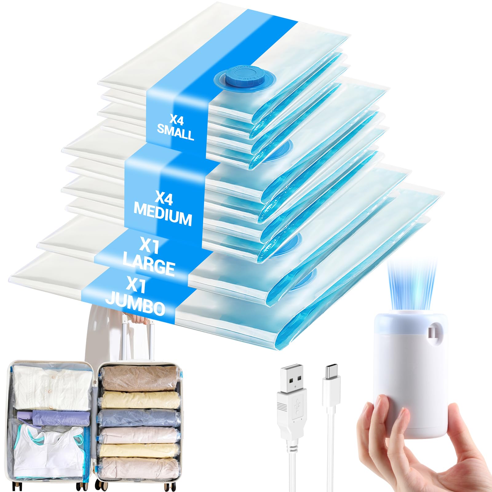 Vacuum Bags For Clothes With Wireless Vacuum Pump  Pack Of 10 Vacuum Bags For Duvets, 4 Small, 4 Medium, 1 Large, 1 Jumbo, Reus