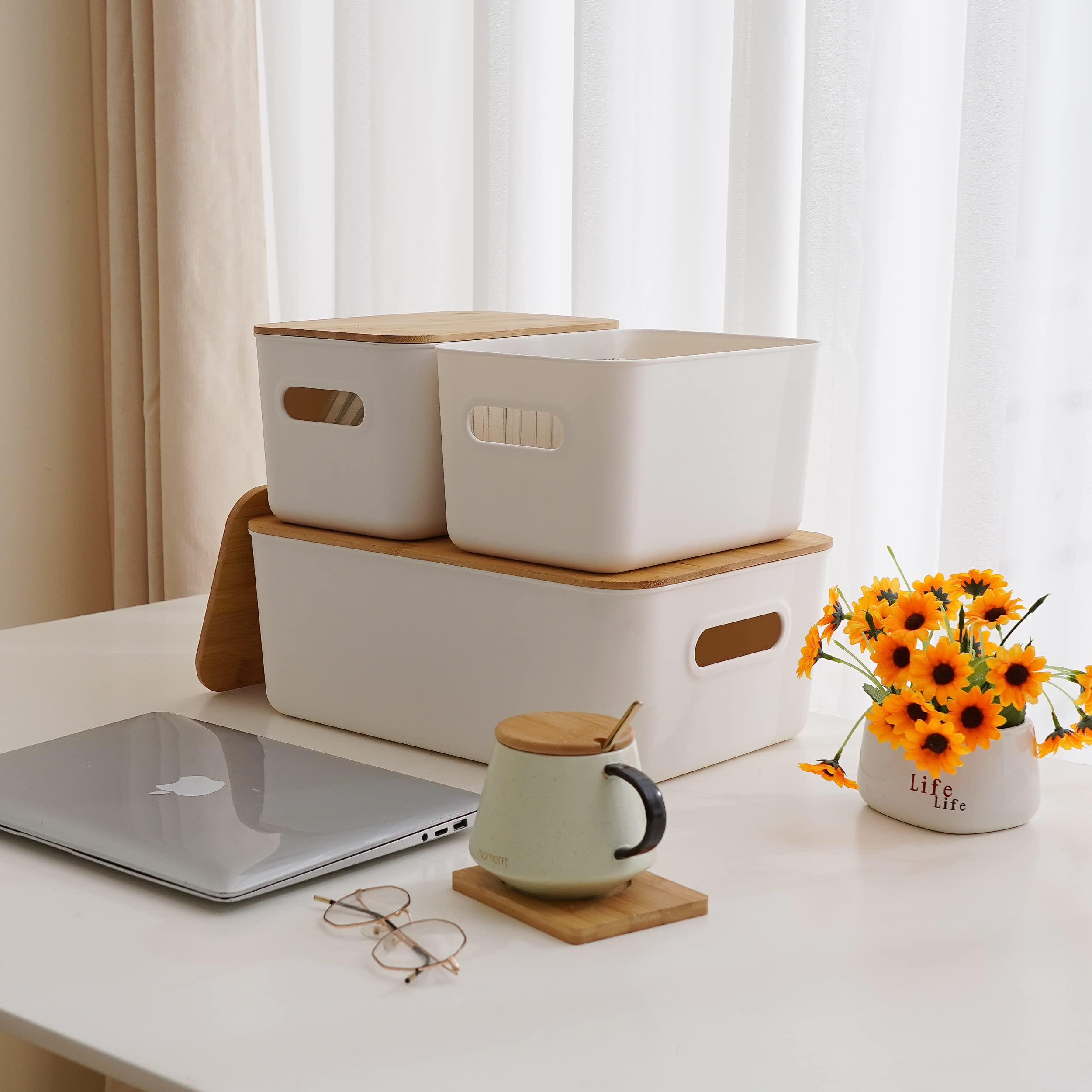 Citylife Set Of 3 Storage Bins With Bamboo Lids Plastic Storage Containers For Organizing Stackable Storage Box With Handle