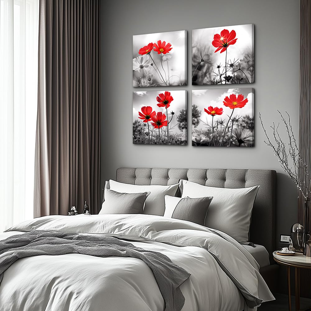 hyidecorart 4pcs Modern Salon Theme Black and White Plant The red flower Flower Abstract Painting Still Life Canvas Wall Art for Home Decor Flower Canvas Print Wall Art Painting For Living Room Decor