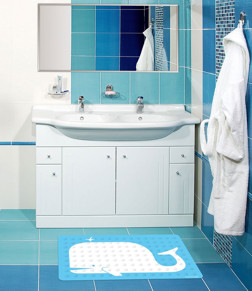 Kikkerland Bathmat, Whale, Natural Rubber High Grip Suction Cup, 27 By 15-Inches, Blue/White
