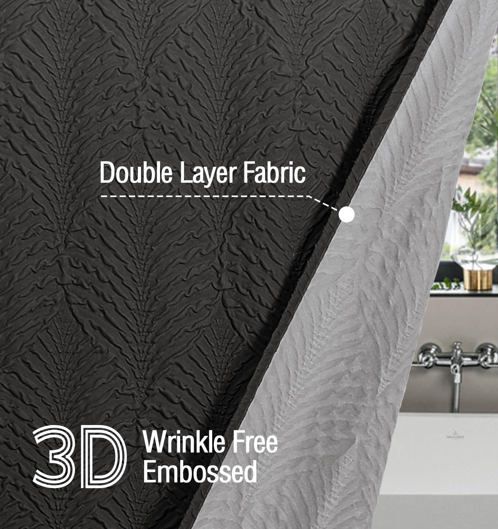 Gibelle Ombre Black Shower Curtain For Bathroom, 3D Embossed Textured Fabric Shower Curtain, Modern Farmhouse Chic Soft Cloth Sh