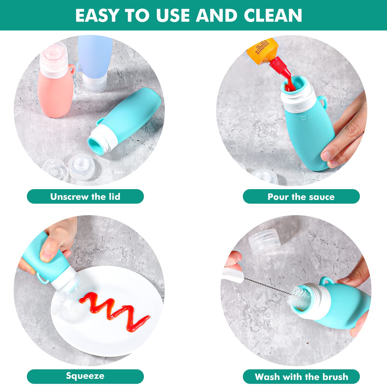 Webake 3Oz Squeeze Salad Dressing Bottles With Cleaning Brush, 4 Pack Small Salad Dressing Container To Go