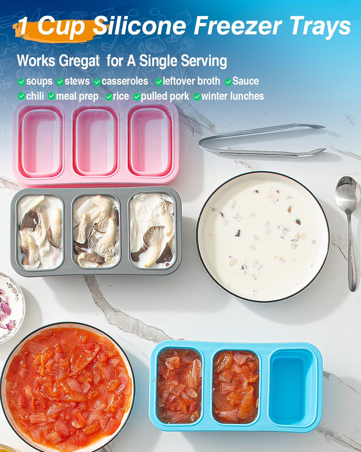 Silicone Freezer Trays With Lid, Stackable 1 Cup Silicone Freezer Molds, Easy To Use Soup Ice Cube Tray, Collapsible Freezing Mo