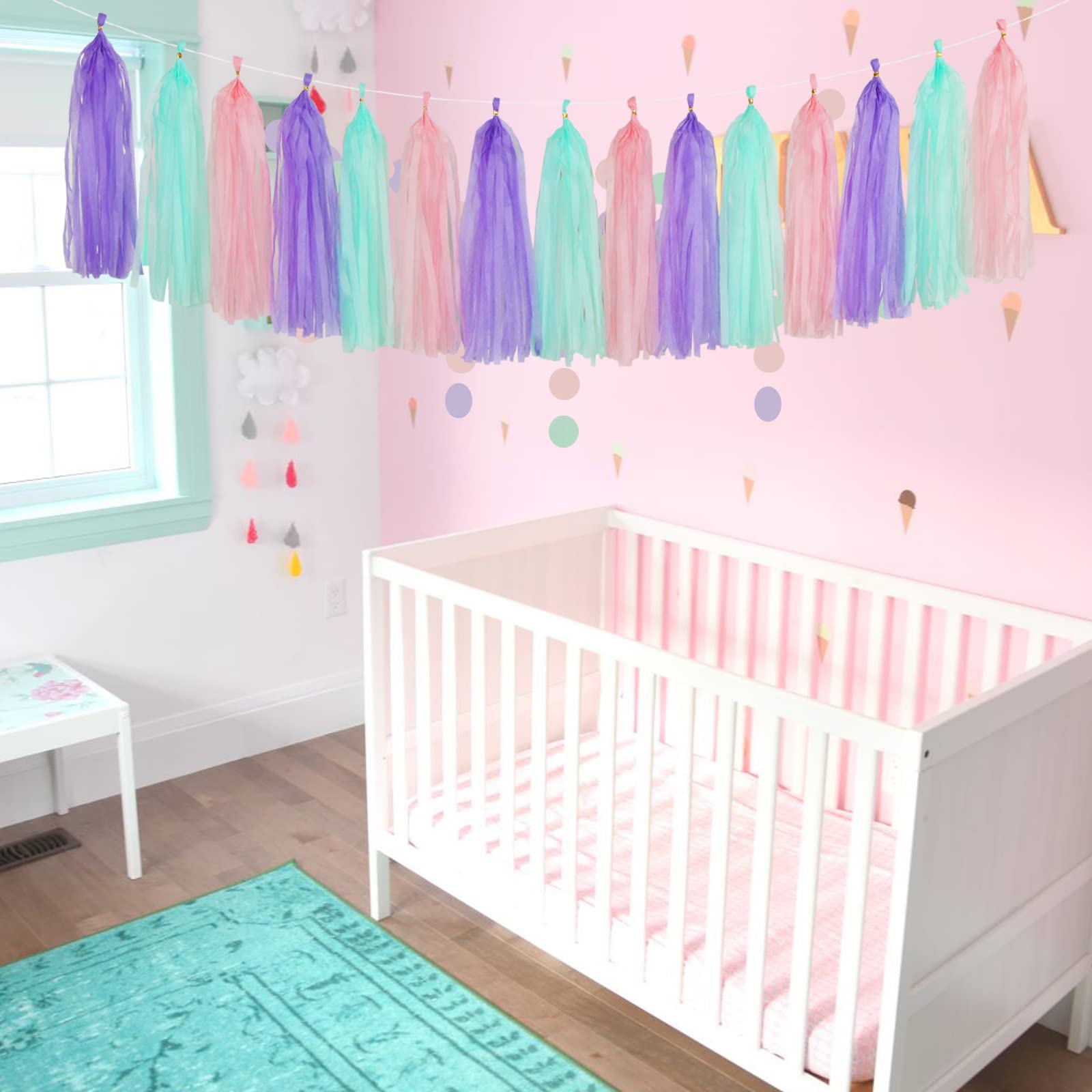 Pink-Purple Mint Mermaid Ocean-Themed Party-Decorations - 15pcs Tassel Garland Streamers Wedding Birthday Engagement Baby Bridal