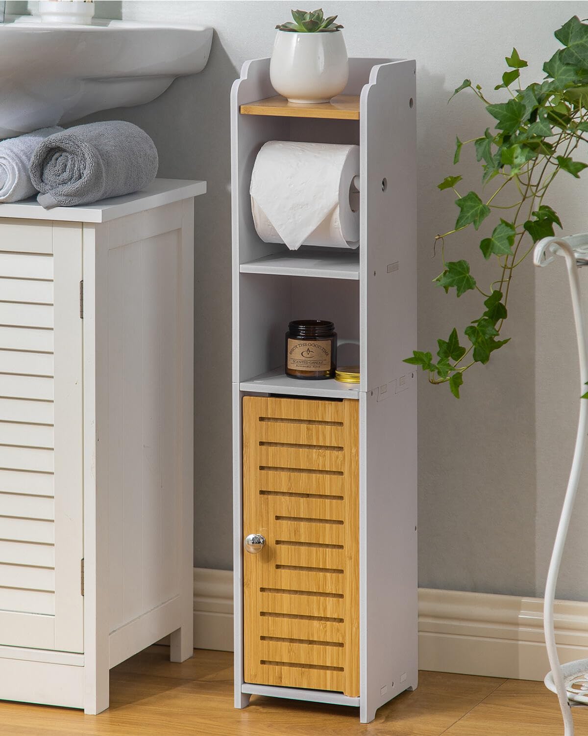 Aojezor Toilet Paper Holder Stand: Small Bathroom Cabinet Storage For Apartment Dwellers - Toilet Paper Storage - White/Bamboo