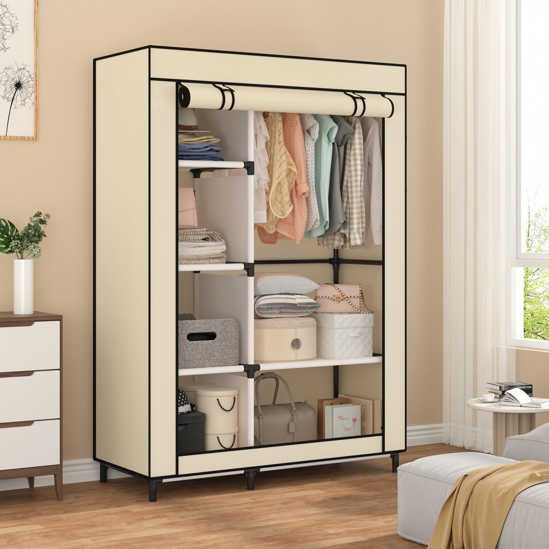 Calmootey Portable Closet Organizers, Clothing Storage, Wardrobe With 6 Shelves And Hanging Rod, Non-Woven Fabric Cover With 4 S