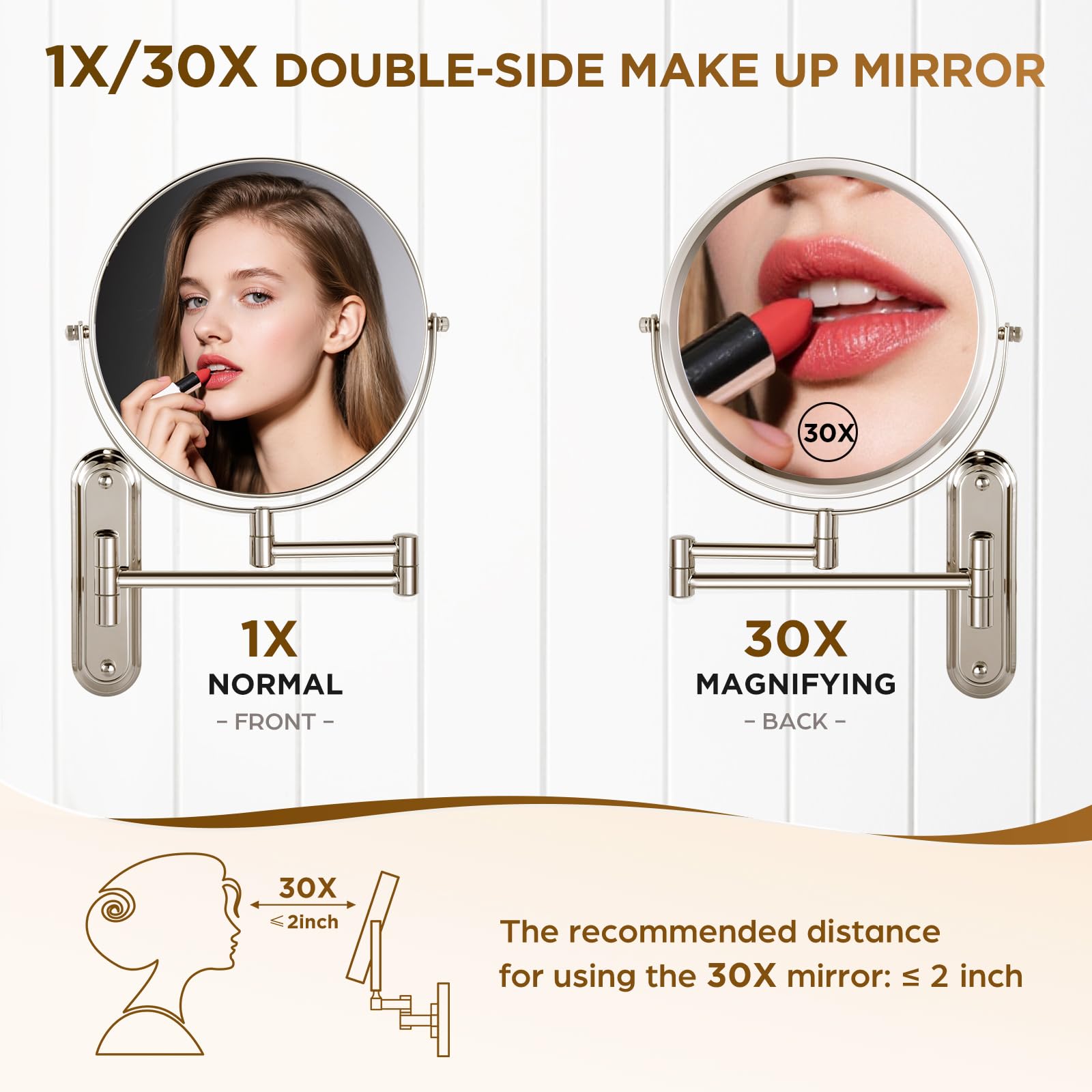 Wall Mounted Makeup Mirror - 1X/30X Magnifying Makeup Mirror with Extended Arm 360Swivel Vanity Mirror, 8.5in Double Sided Mirro