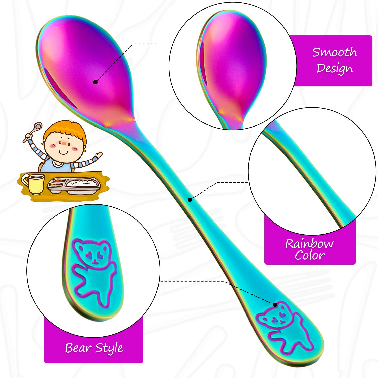 Boao 6 Pieces Rainbow Kids Spoons Stainless Steel Rainbow Kids Cutlery Kids Silverware Kids Utensil Child and Toddler Safe Flatw