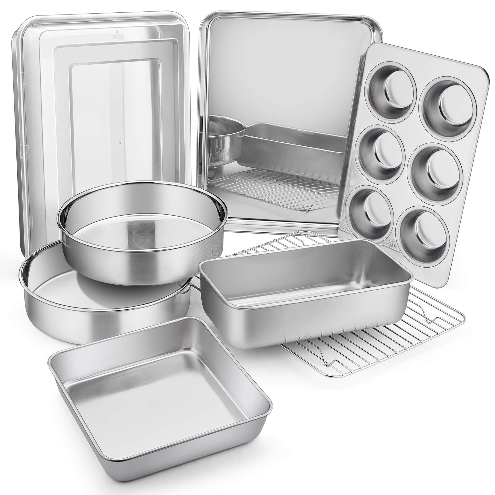 E-Far Stainless Steel Bakeware Set, Metal Baking Pan Set Of 9, Include Round/Square Cake Pans, Rectangle Baking Pan With Lid, Lo