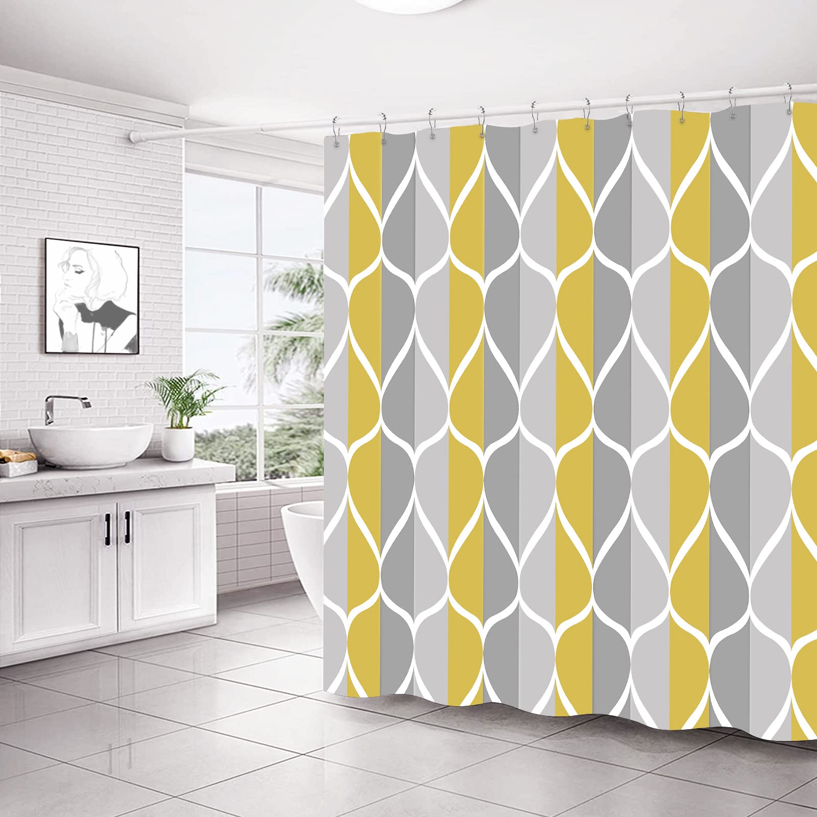 Gelbchu Gray Yellow Shower Curtain W 72 X H 72, Waterproof Design And Polyester, Quick-Drying, Weighted Hem, Shower Curtains Set