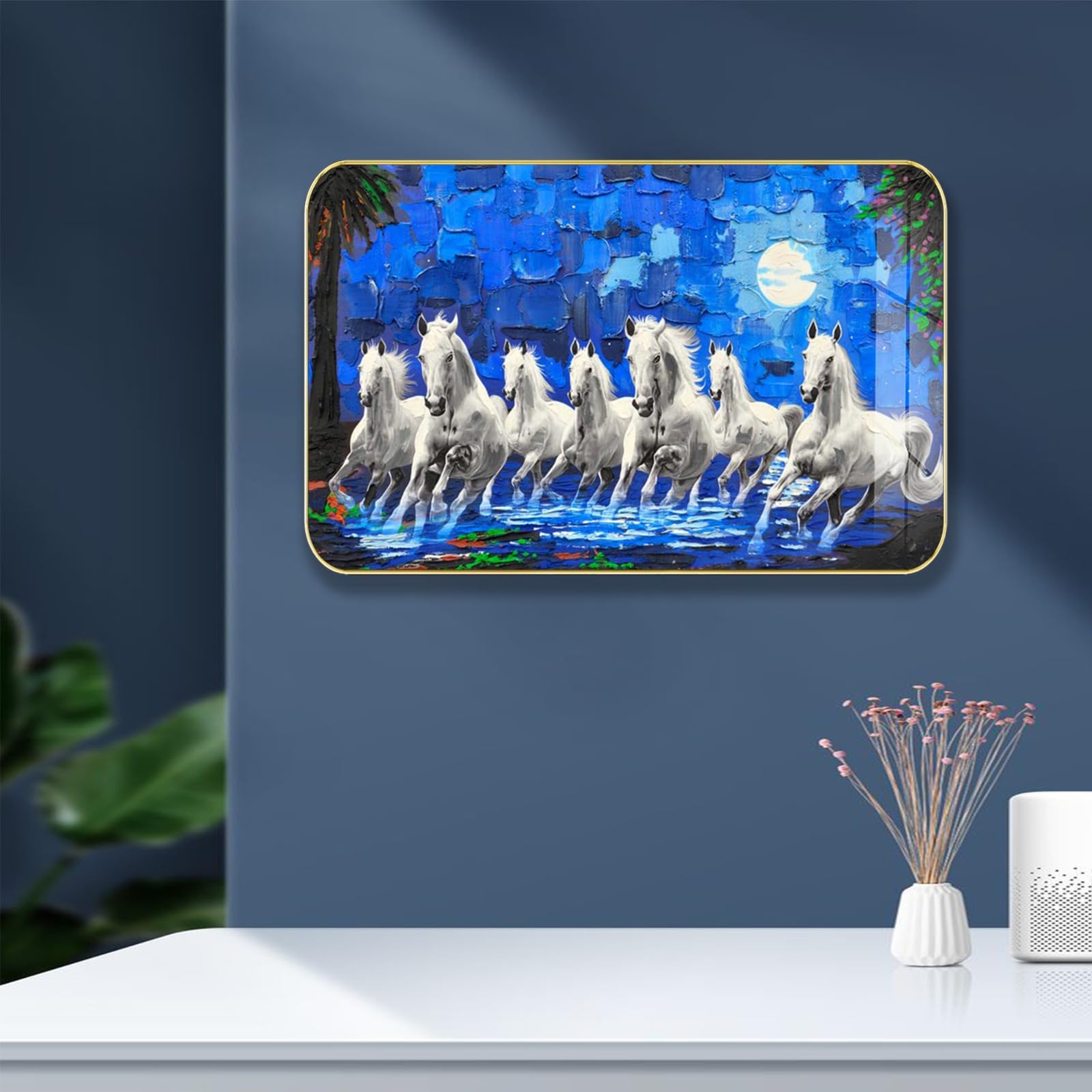 Masstone 7 Horse Sunrise Wall Painting - Crystal Embedded, High Gloss, Embossed With Gold Slim Frame, 45X30 Cm - Wall Art For Li