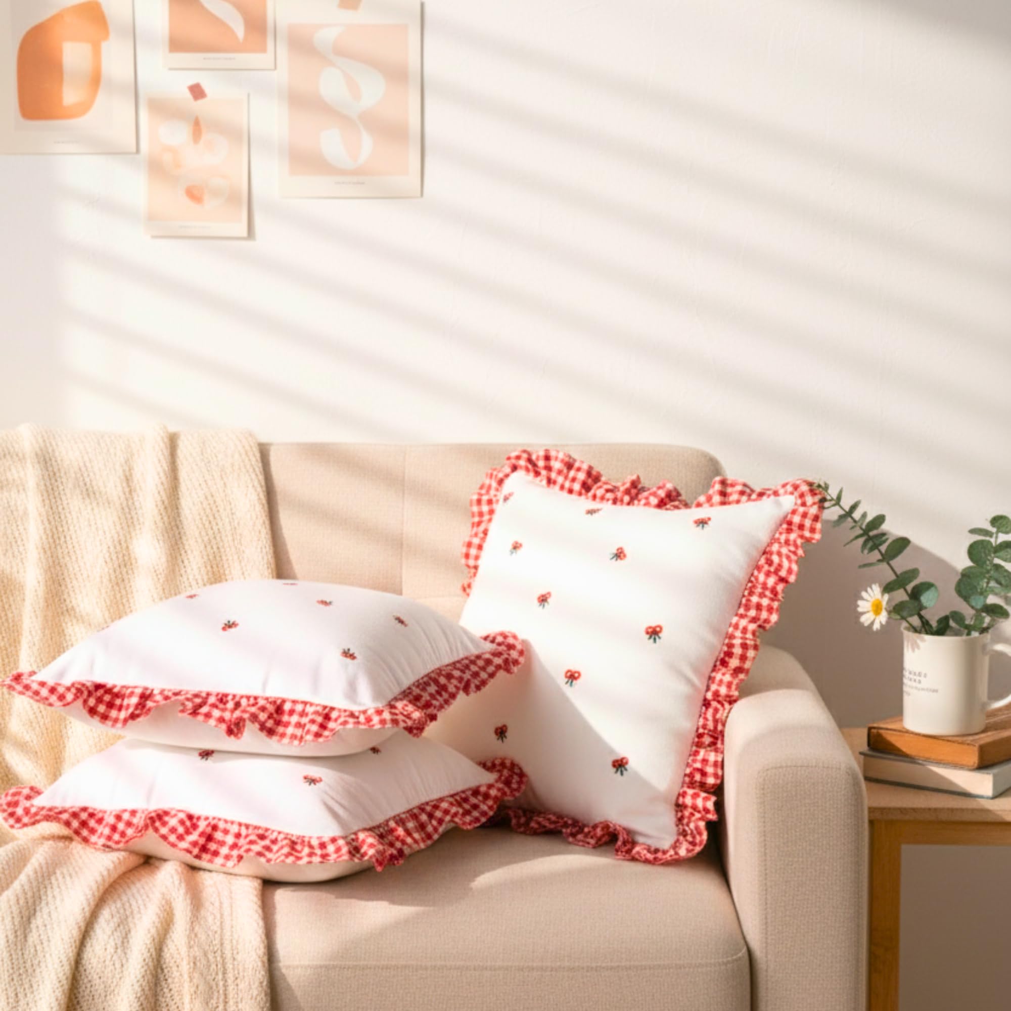 Sleepy Threads Square Cotton Cushion Cover Red & White Floral Embroidered | Set Of 4 | With Ruffle Frill Edging Throw For Sofa,L