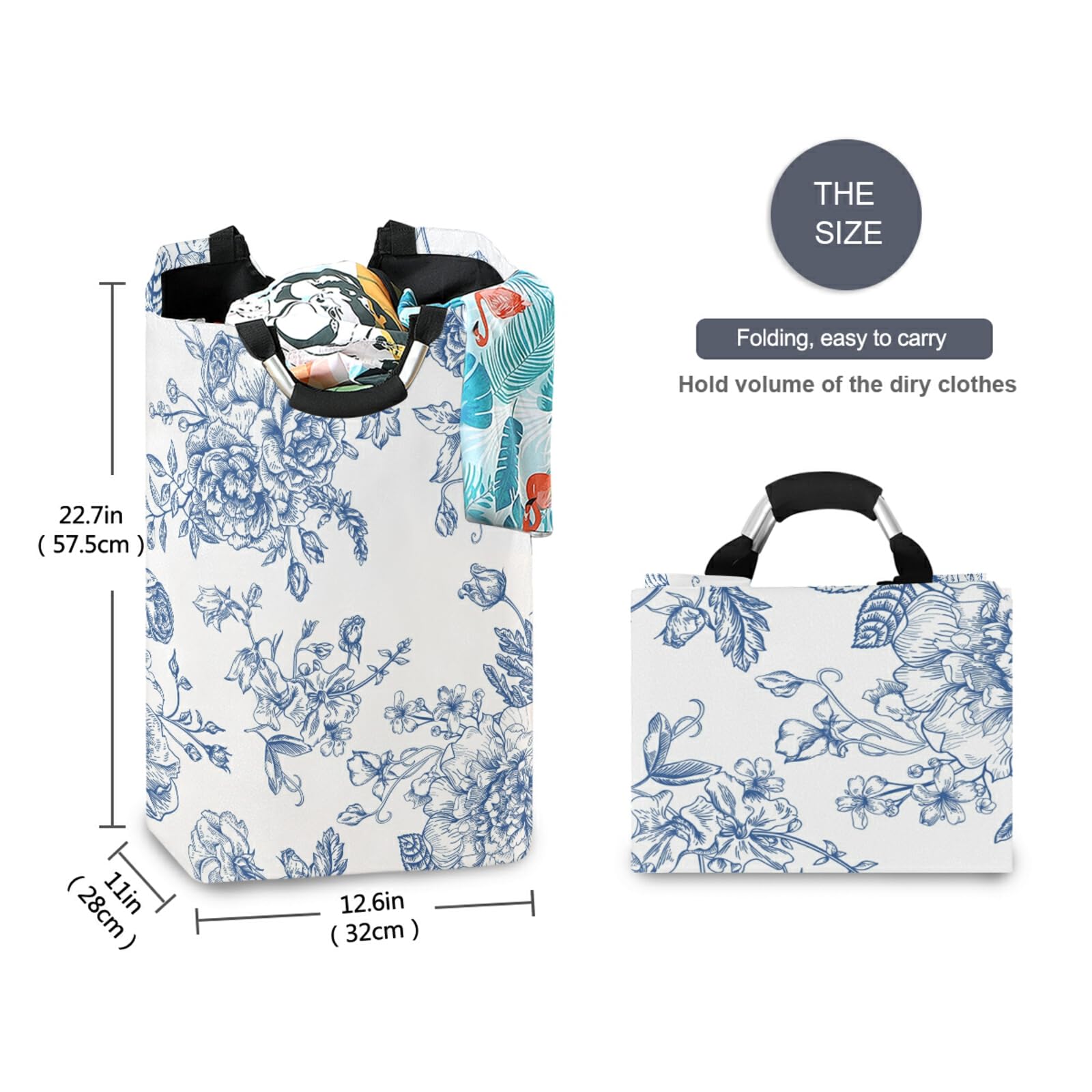 AGONA Blue Flowers Laundry Basket with Handles Large Storage Bin Collapsible Fabric Laundry Hamper Foldable Laundry Bag for Dirt