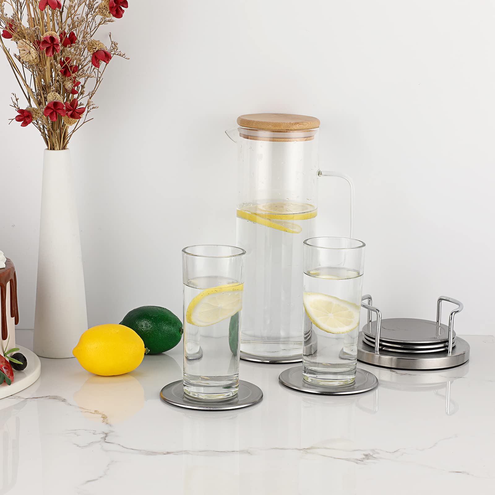 Juxyes Set Of 6 Stainless Steel Round Coasters With Holder & Sponge Bottom, Silver Metal Cup Coasters Set Stunning Cool Coaster