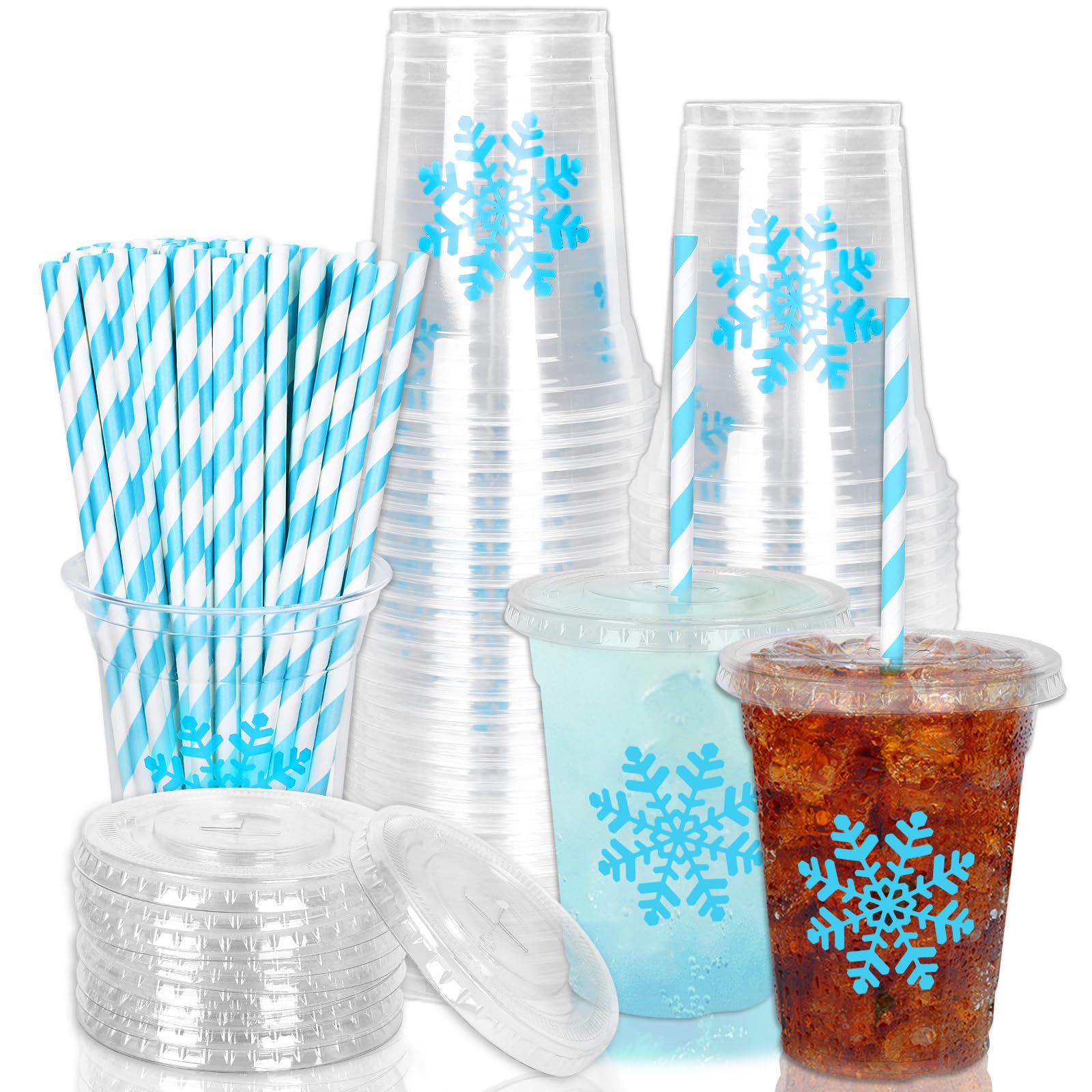 Whaline 50Pcs Christmas Disposable Plastic Cups with Lids and Straws 12oz Party Cups Blue Snowflake Cold Beverage Drinking Cups 