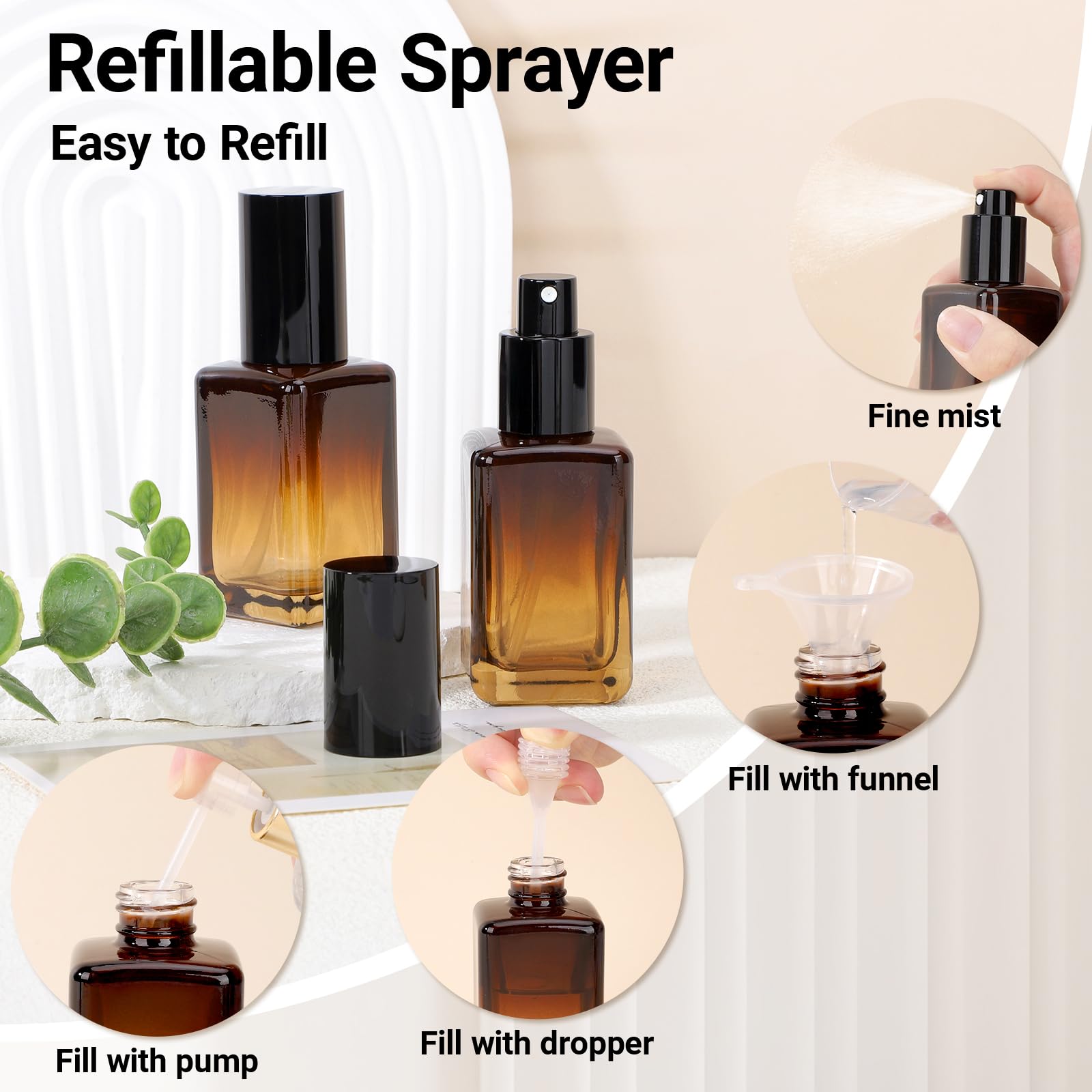 Segbeauty 1.7Oz Amber Glass Spray Bottles Empty For Travel, 2Pcs Perfume Refillable Travel Size Spray Bottle For Hair, 50Ml Fine