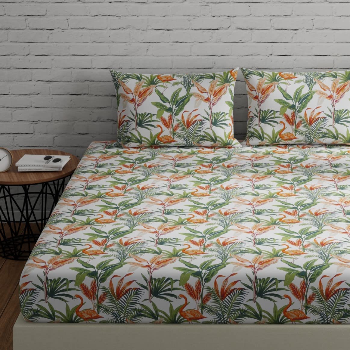 Huesland by Ahmedabad Cotton 144 TC Elastic Fitted Bedsheets for Double Bed with 2 Pillow Covers | 60 x 78 inches | Flamingo  O