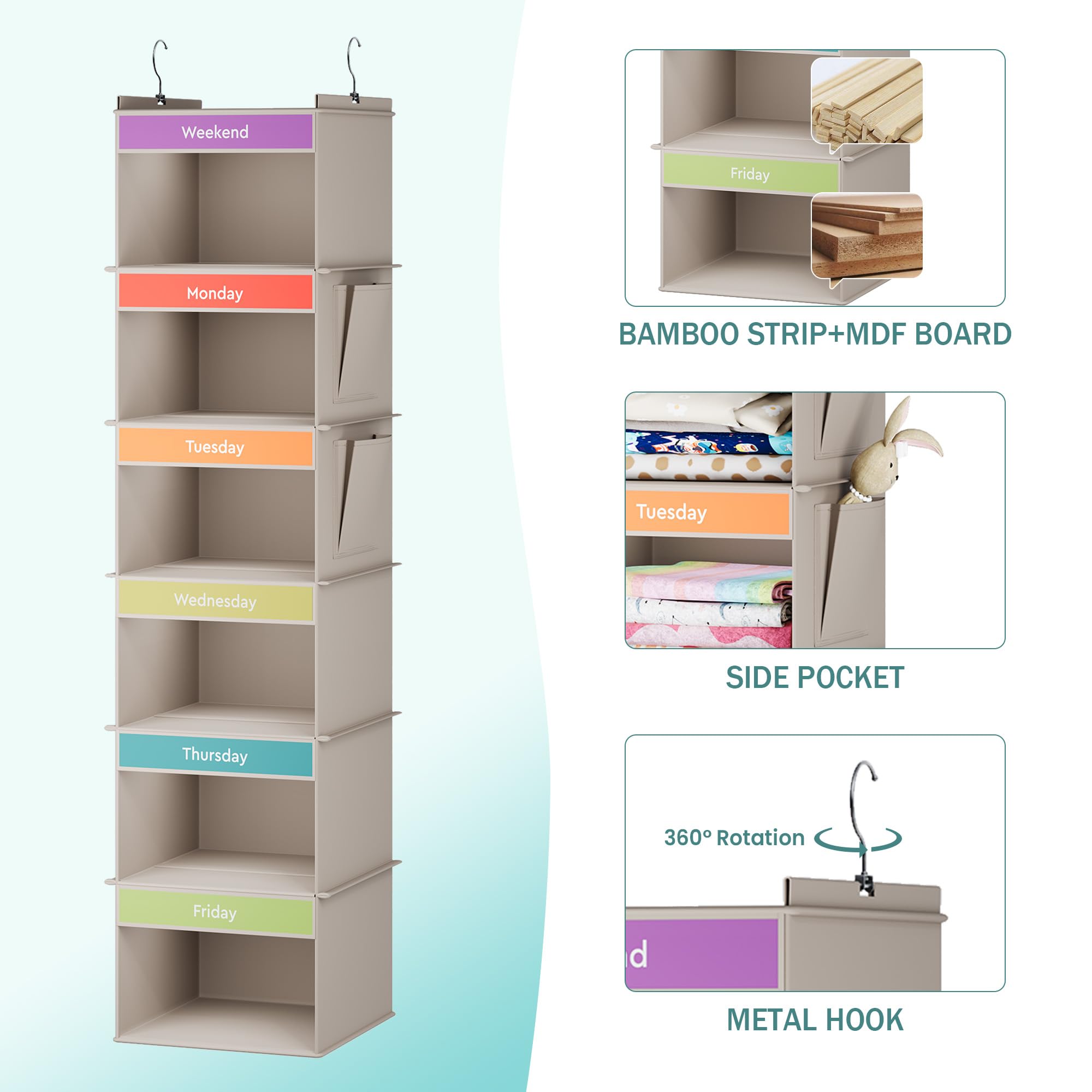 Youdenova 6-Shelf Weekly Hanging Closet Organizer, Weekly Clothes Organizers For Kids With 2 Side Pockets, Light Grey