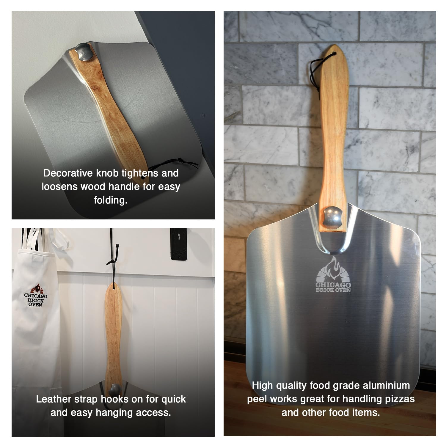 Chicago Brick Oven Aluminum Pizza Peel 12'' X 14'' With Foldable Wooden Handle, 25'' Long Turning Spatula, Pizza Paddle, Pizza S