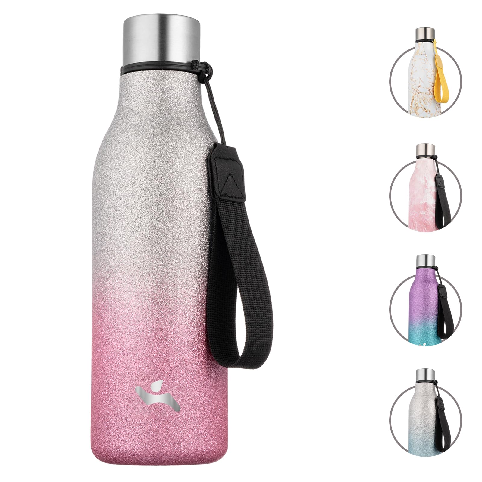 Konokyo Insulated Water Bottle with Strap,18 oz Double Wall Stainless Steel Vacuum Bottles Metal Water Flask,Sparkling Silver Pi