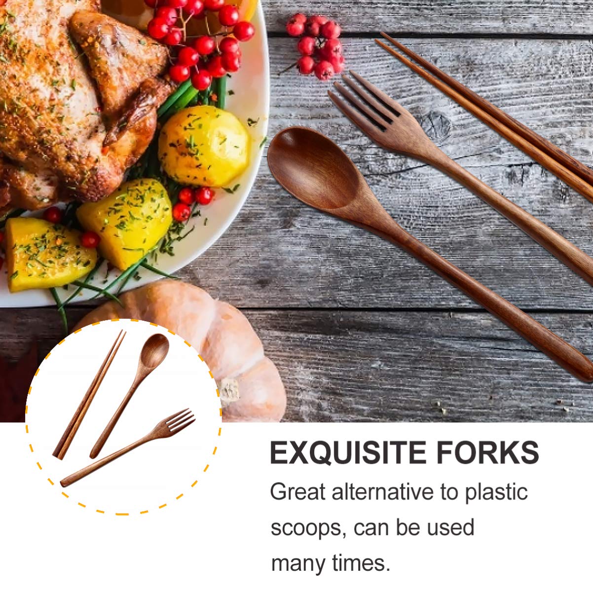 Hemoton 6 Pcs Wooden Flatware Tableware Cutlery Set Travel Utensils Wooden Fork Spoon Chopsticks Reusable Flatware Utensils For