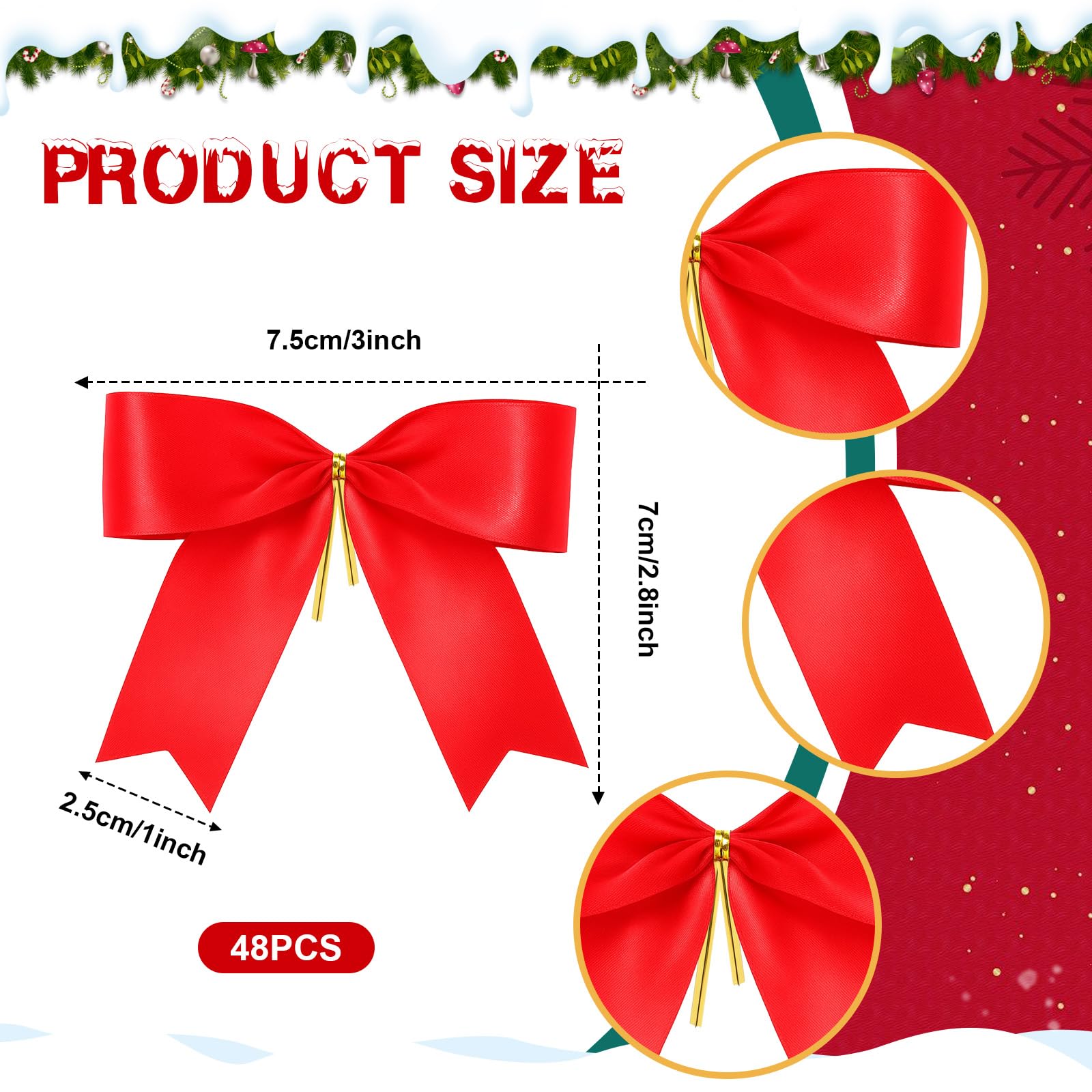 Sumind 48 Pieces Christmas Bow Red Ribbon Bow Tie 5.5 Wreath Ornaments for Christmas Tree Xmas Decoration