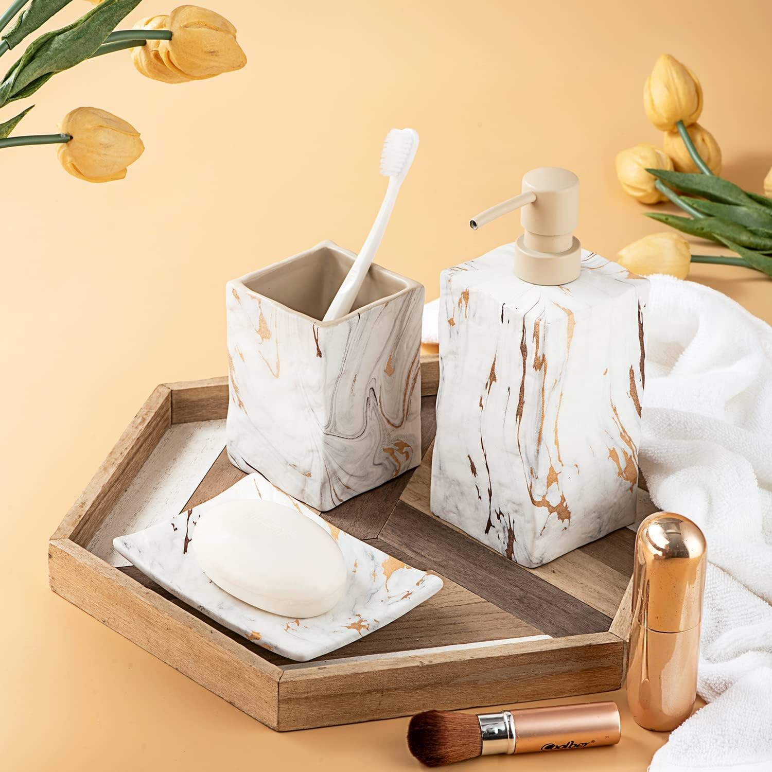 RQYIXI Ceramic Bathroom Accessory Set Complete 4 Pieces Retro Style Soap Dispenser & Toothbrush Holder Sets (Marble Gold)