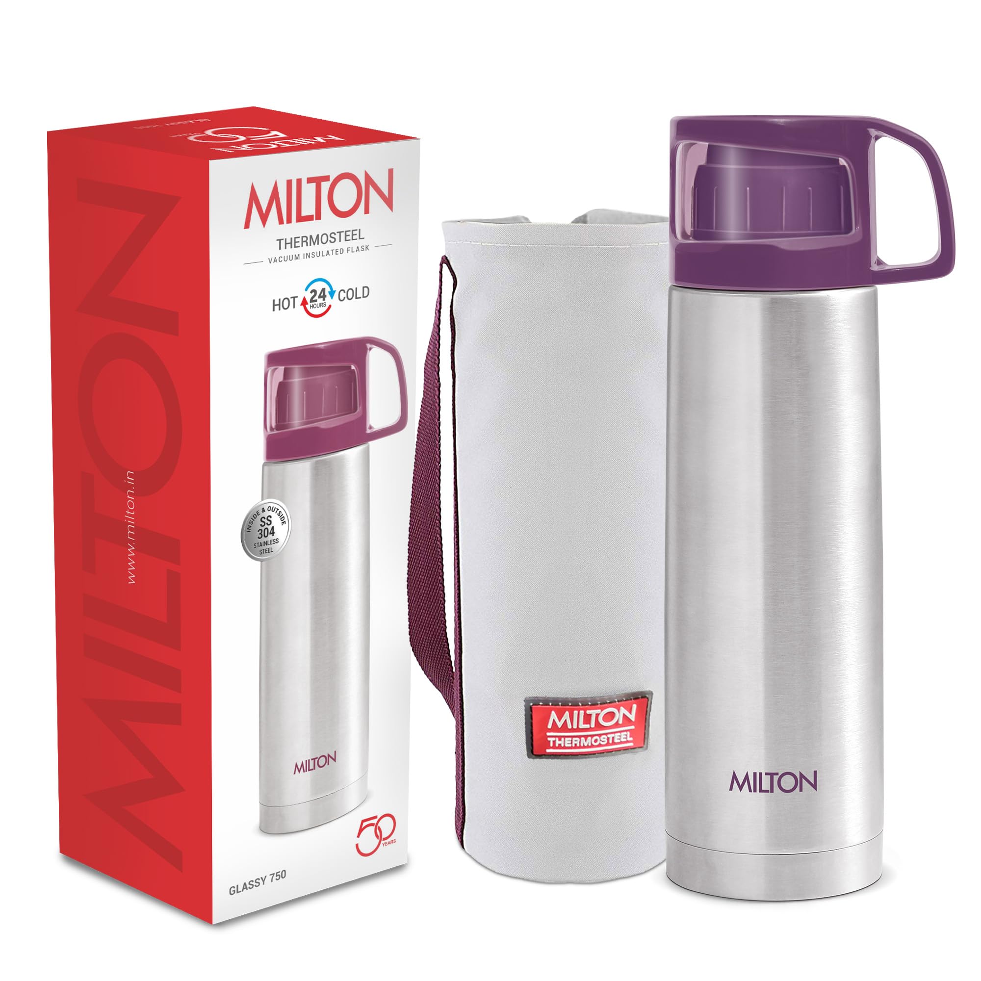 Milton Glassy 750 Thermosteel Vacuum Insulated Flask with Jacket 750 ml, Purple| 24 Hours Hot and Cold Water Bottle with Cup lid
