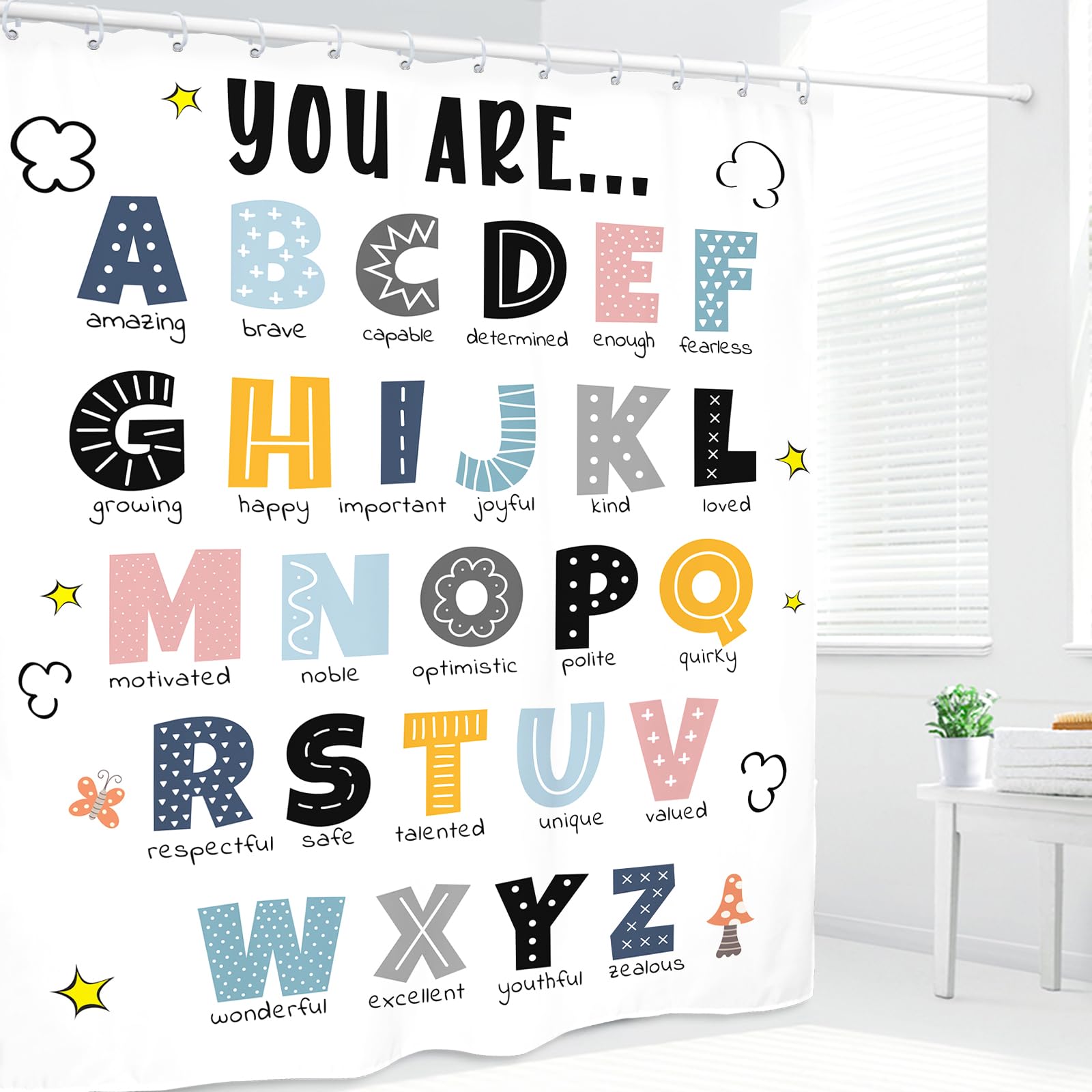 Kalmico Abc Alphabet Kids Shower Curtain 60Wx72L Inch Educational Learning Tools Study Inspirational Motivational Positive Boys