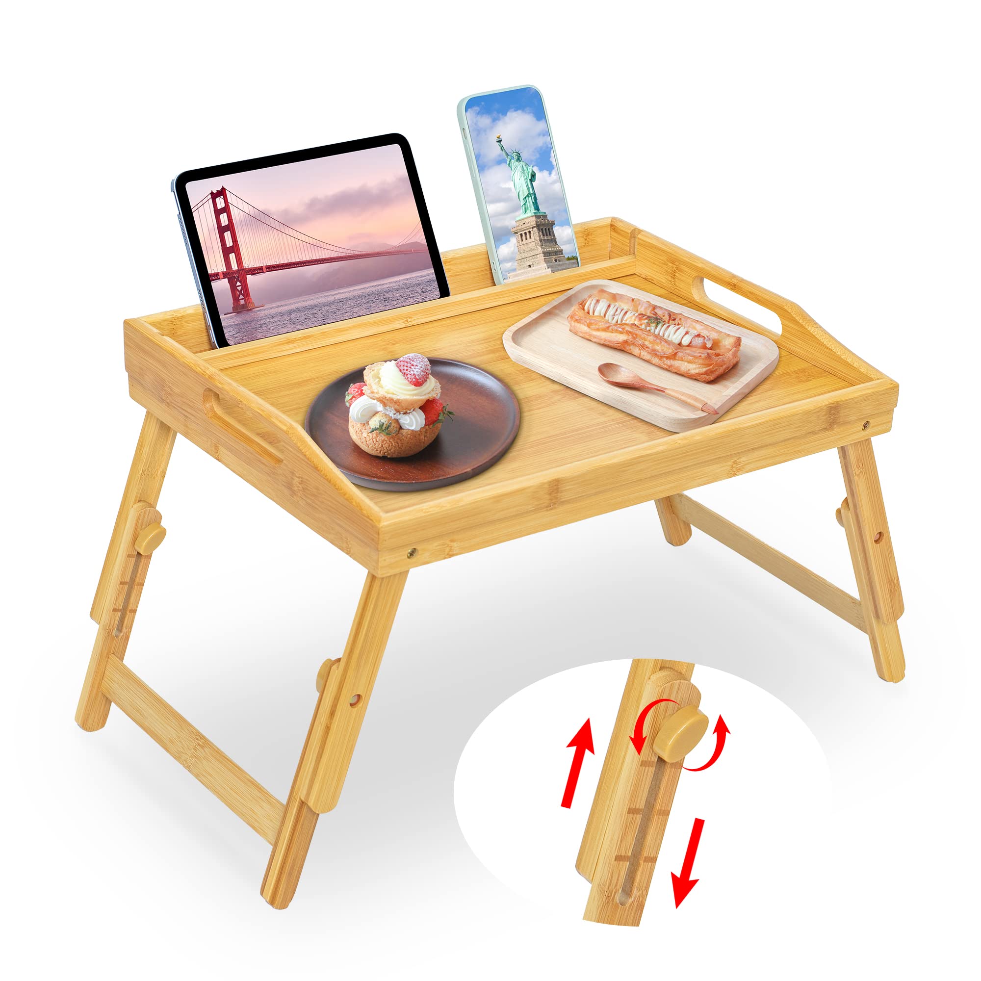 Bed Tray Table For Eating - Bamboo Breakfast Food Table With Phone Tablet Holder - Adjustable Height Serving Tray With Folding L