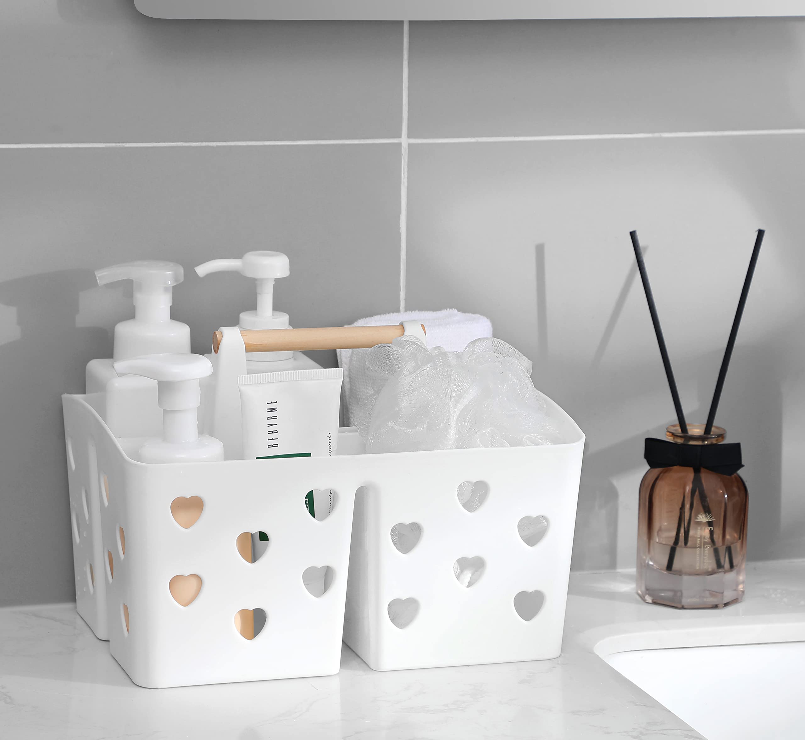 Anyoifax Portable Shower Caddy Plastic Basket With Wood Handle Divided Shower Tote Storage Organizer With Compartments For Bathr