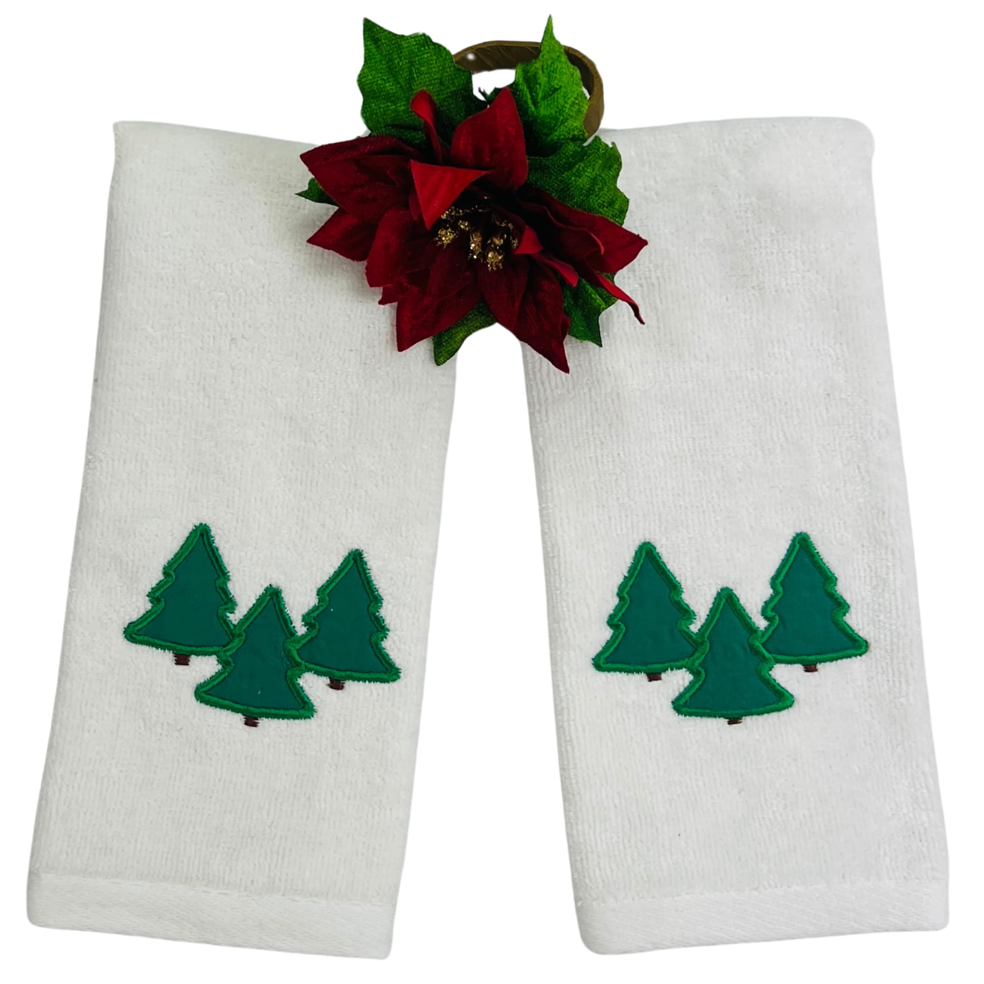 Farmhouse Christmas Fingertip Towels: Plush Velour Cotton Embroidered Forest Trees, One With Decorative Plaid, Set Of 2