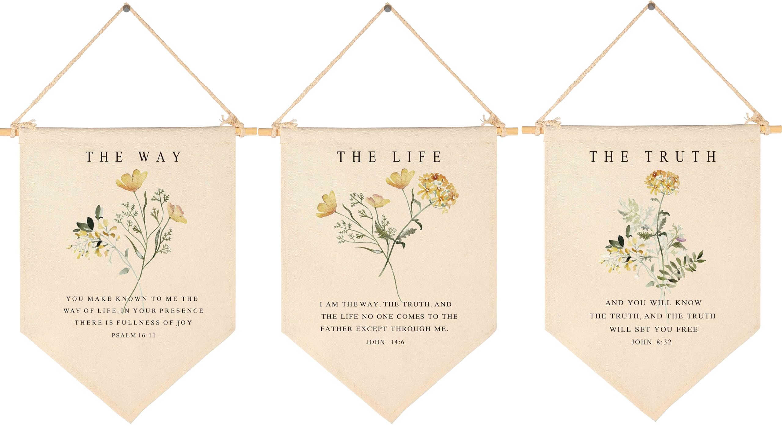 Christian Floral Flag Sign Gifts,The Way,The Truth,The Life,Bible Verse Wall Decor Gifts,Botanical Scripture-Canvas Hanging Penn