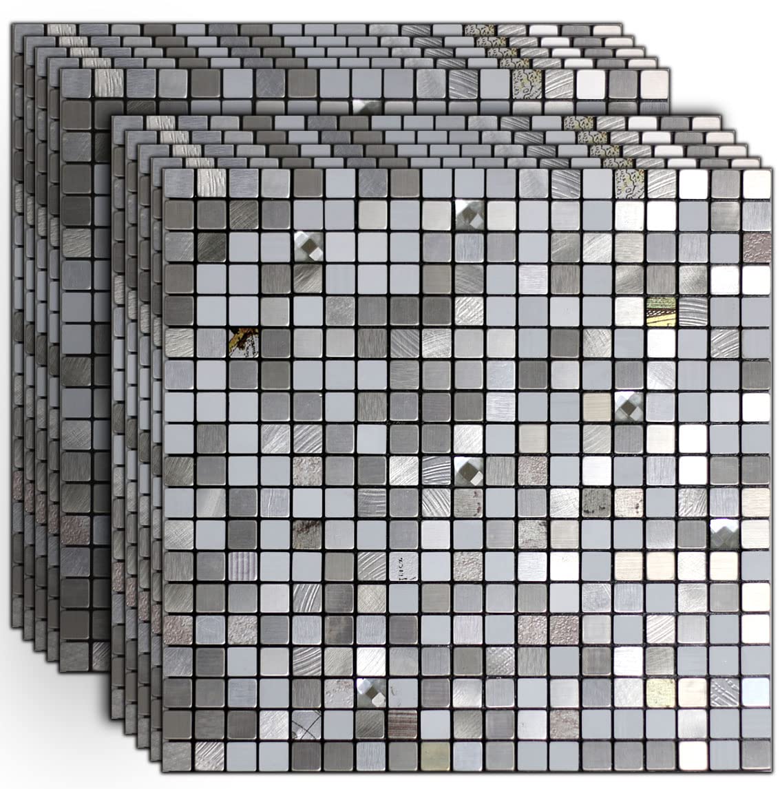 10 Sheets Self-Adhesive Aluminum Mosaic Peel and Stick Metal Tiles 3D Wall Sticker Panel Backsplash for Kitchen & Bathroom (12x1