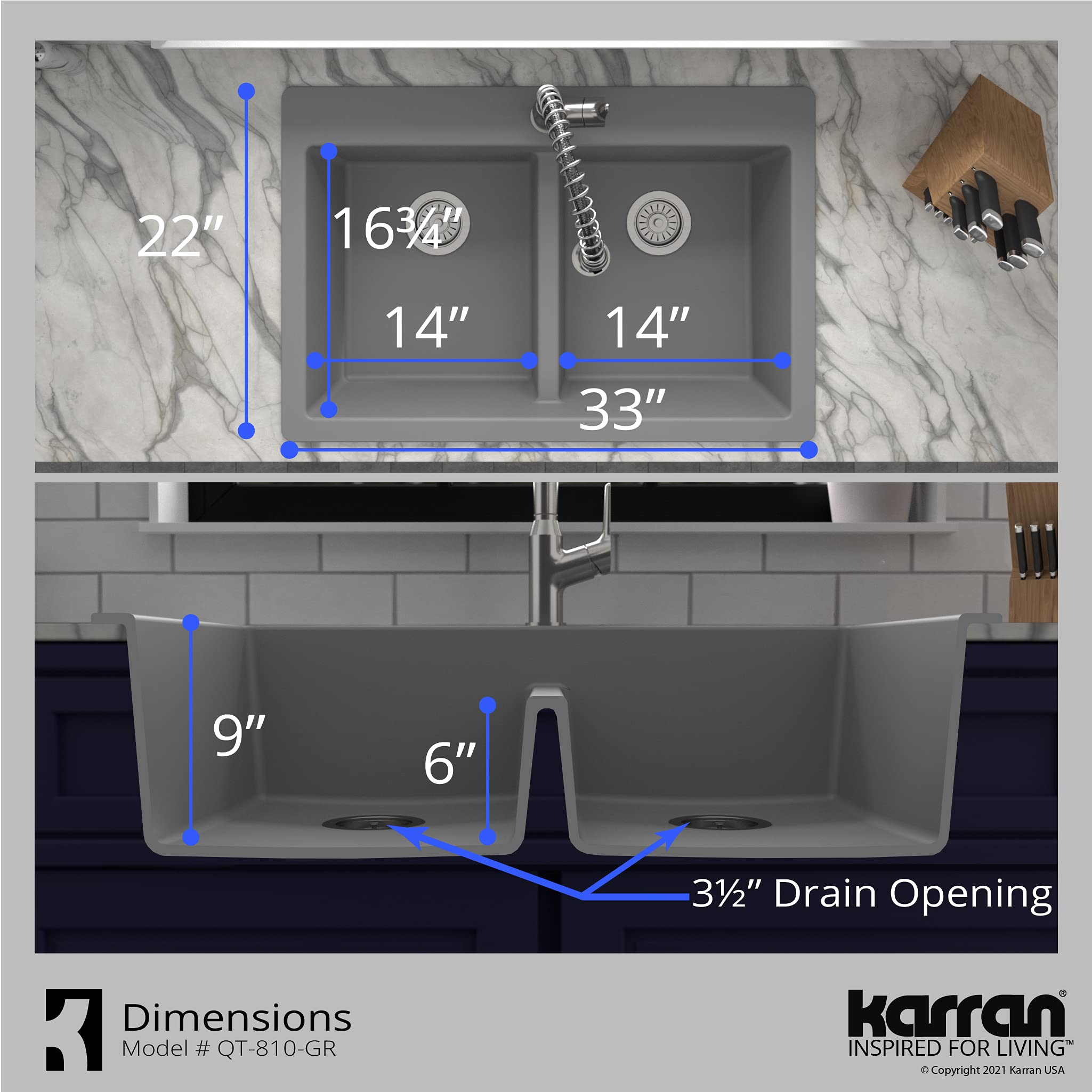 Karran Qt-810 33'' Top Mount Double Equal Bowl Quartz Kitchen Sink In Grey