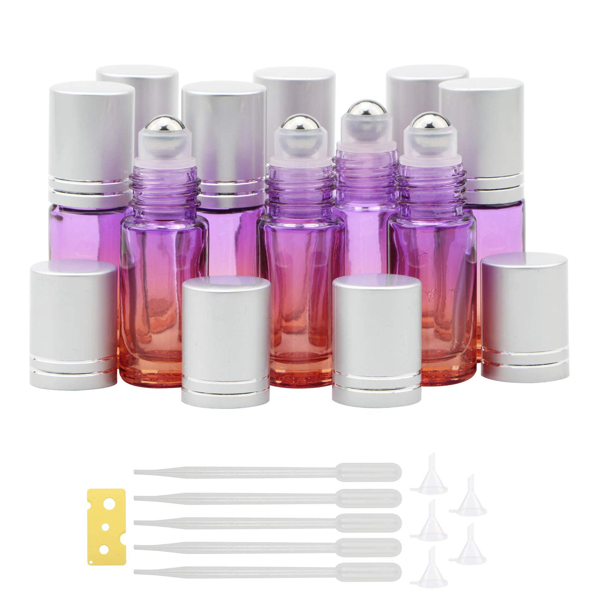 Jiuwu 10 Pack 5Ml Essential Oil Roller Bottles Purple-Orange Gradient Roller Bottles With Stainless Steel Roller Balls And Silve