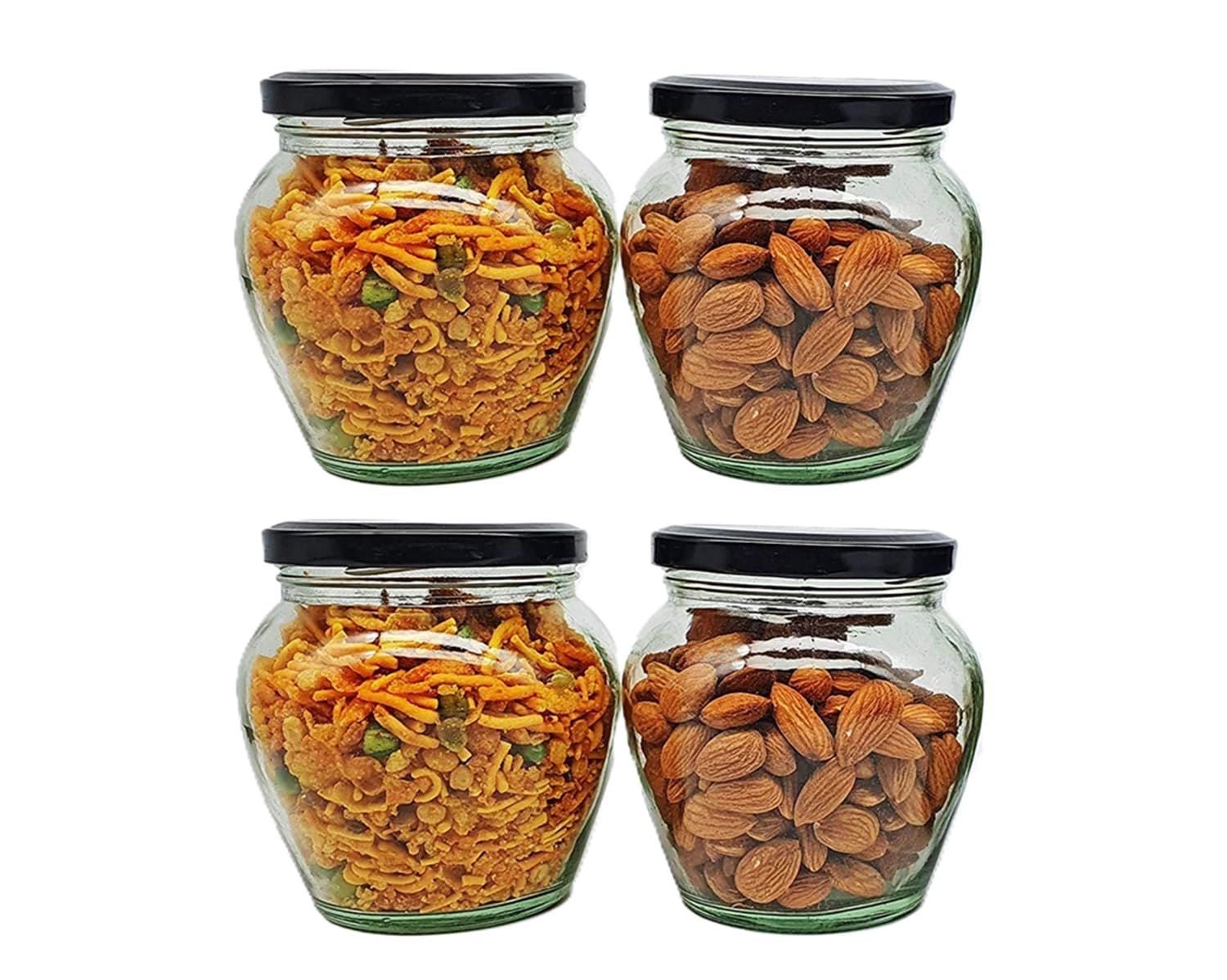 Seiri 400Ml Transparent Glass Jar Set Of 4  Airtight Black Metal Lid Matki Shape Storage Containers For Spices, Masala, Pickles